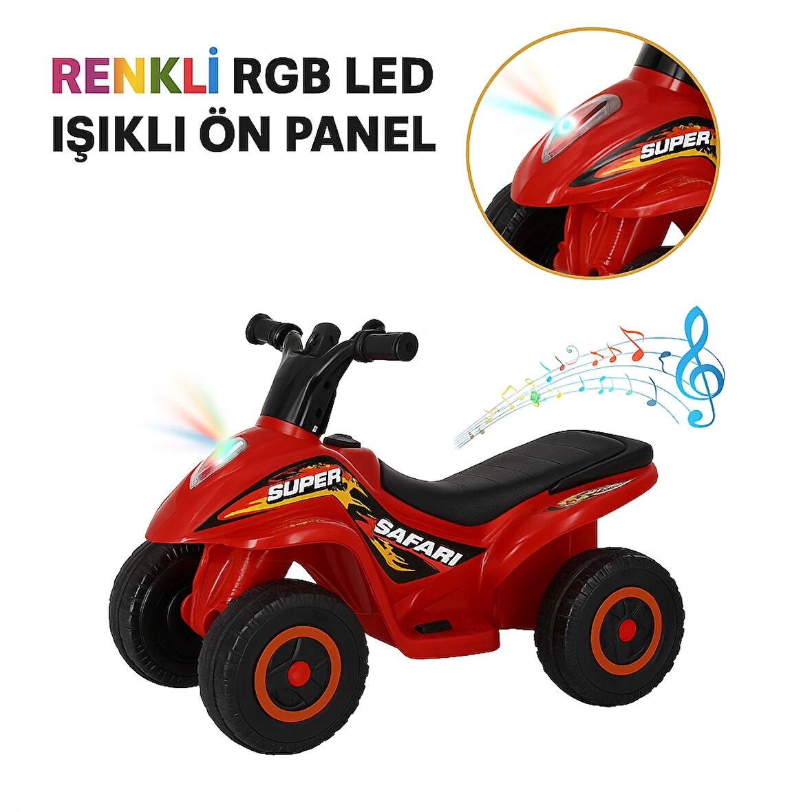 Renkli LED Işıklı Müzikli Akülü ATV Çocuk Motoru – Kırmızı