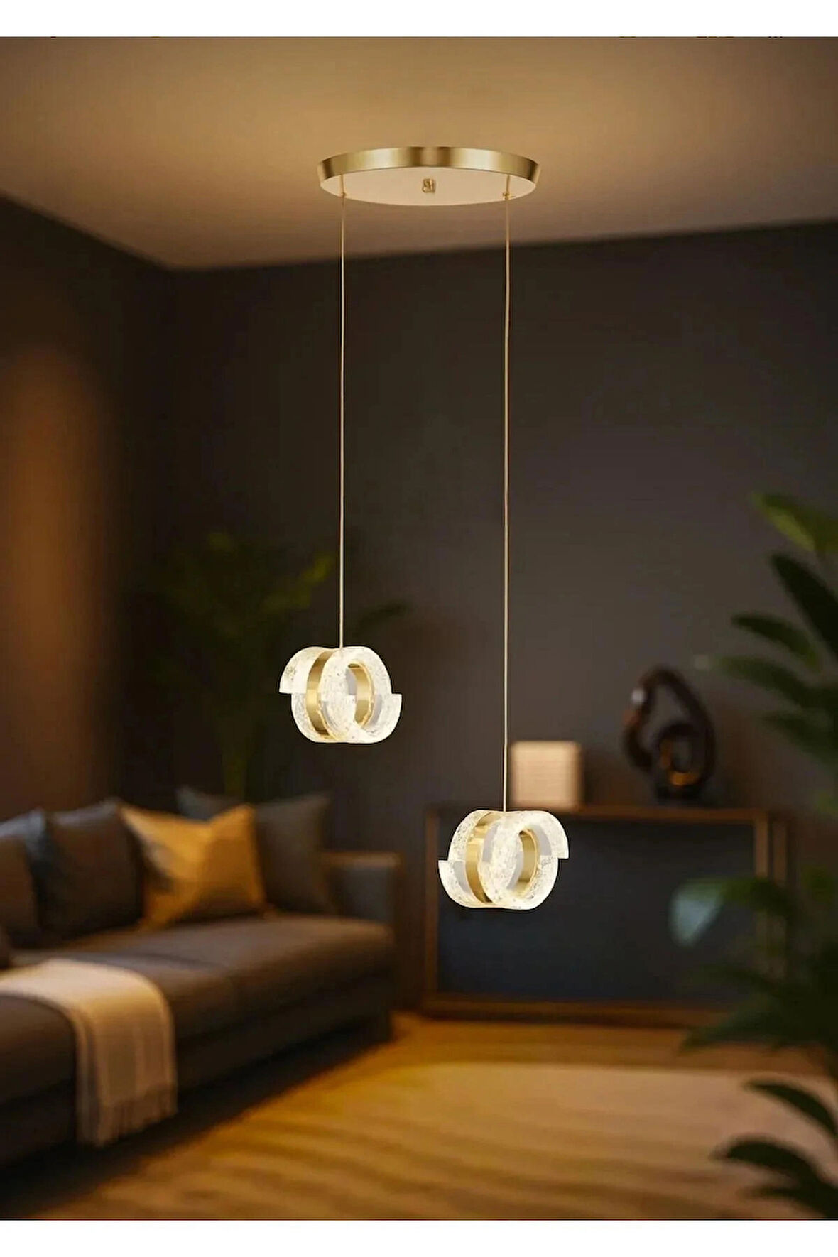 Aurea Model 2’li Gold 3 Renk Modu Ledli Salon Mutfak Oturma Odası Sarkıt Led Avize