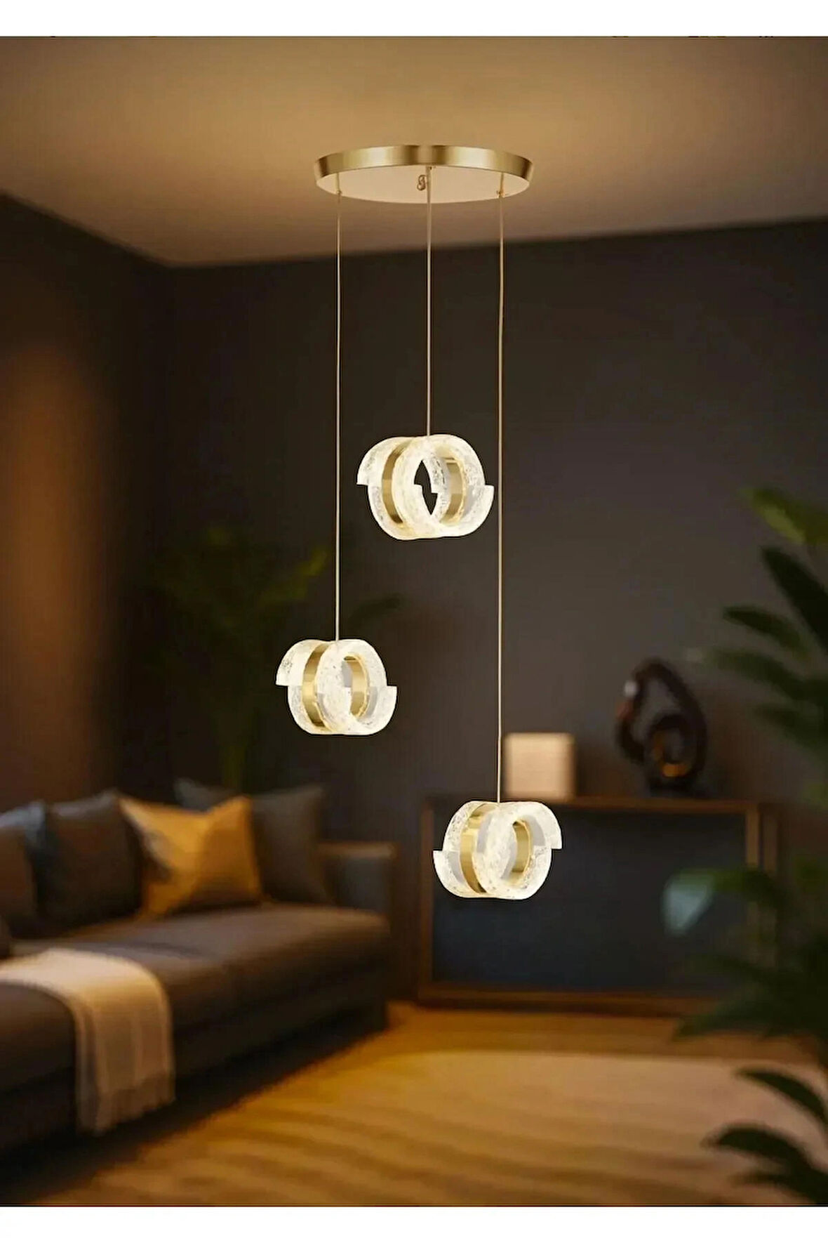 Aurea Model 3’lü Gold 3 Renk Modu Ledli Salon Mutfak Oturma Odası Sarkıt Led Avize