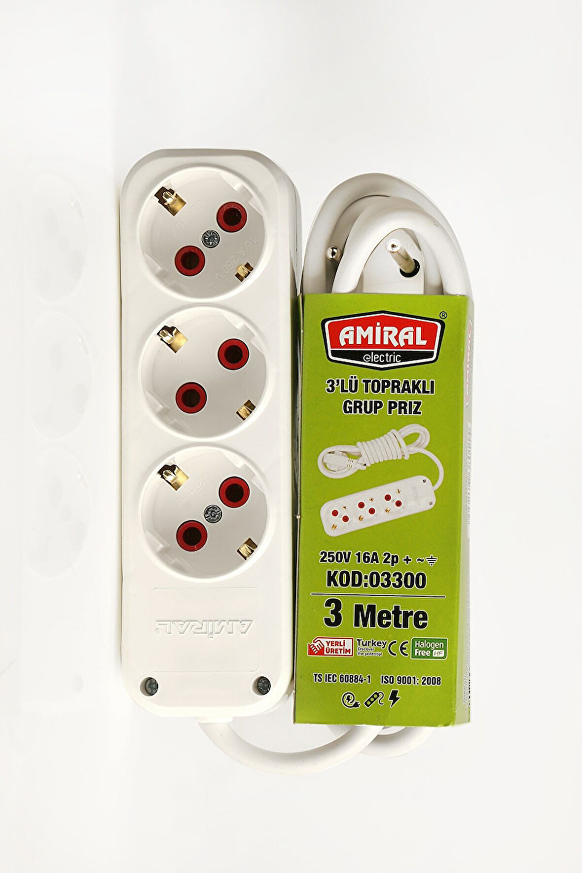 3 lü Topraklı Anahtarlı 3 Metre Kablolu Grup Priz