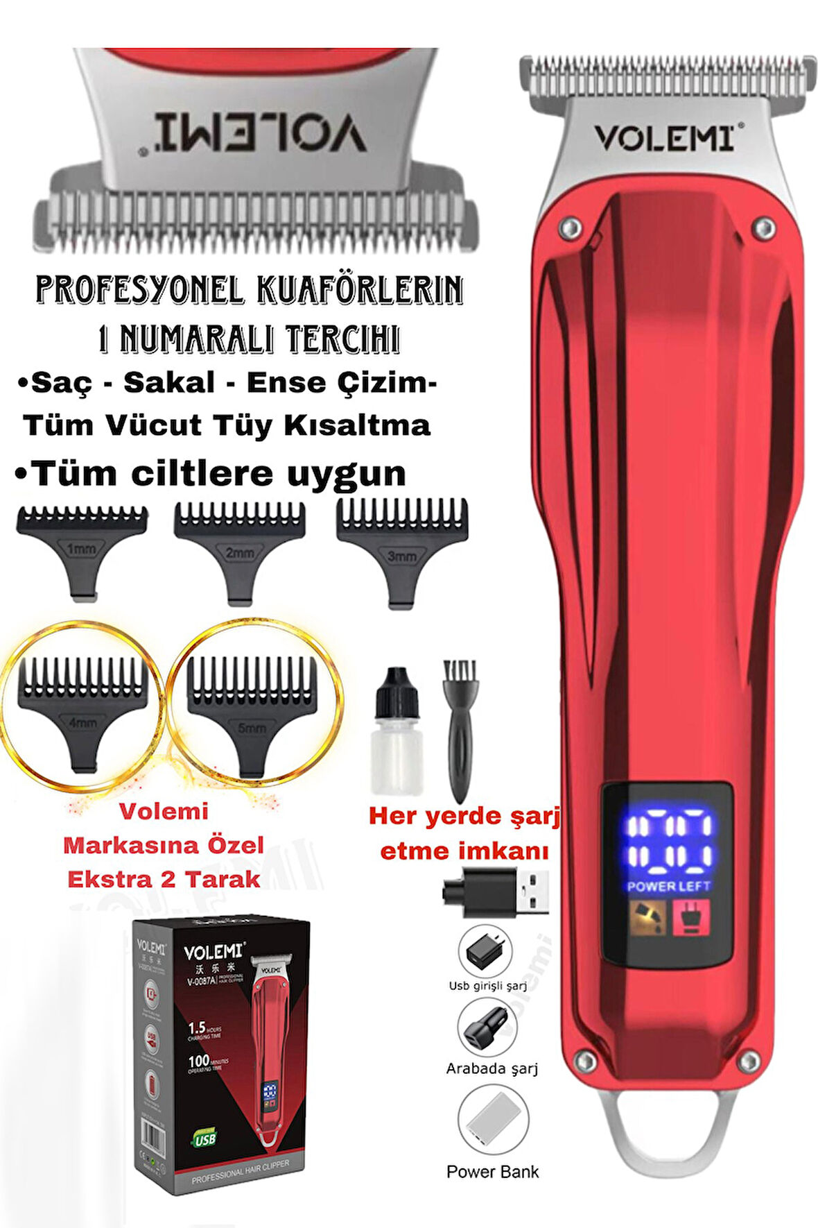 Profesyonel Şarj Göstergeli Saç Sakal Lazer Öncesi Tüm Vücut Tıraş Makinesi V-0087A