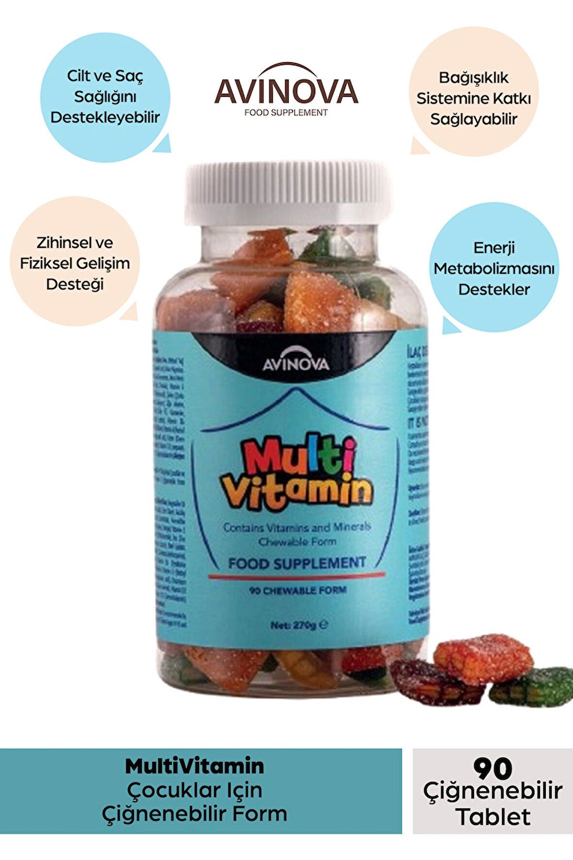 Multivitamin Çocuklar İçin Çiğnenebilir Form C, D3, B Vitaminleri, Çinko Ve Meyve Aromaları