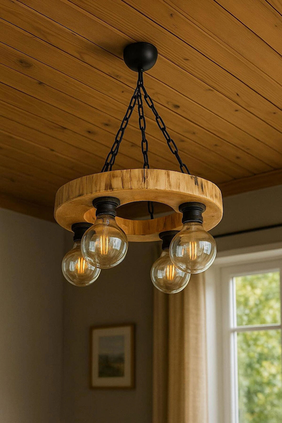 Kütük Avize 4'Lü Başlık Masif Ahşap Salon Otel Kafe Bungalov Ev