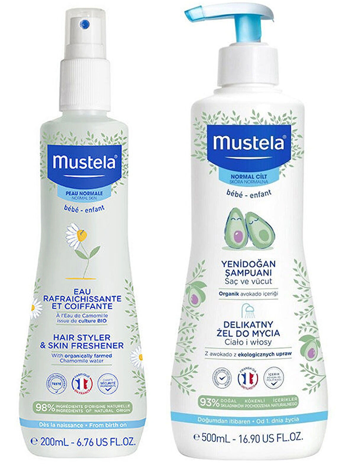 Mustela  Canlandırıcı ve Şekillendirici Sprey 200 ml - Gentle Cleansing Gel Yenidoğan Şampuanı 500 ml