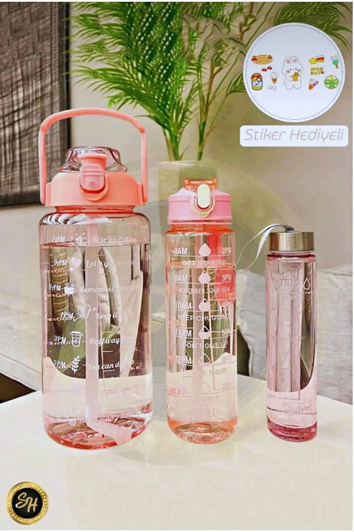3 Lü Şeffaf Motivasyon Matara Suluk Su Şişesi - Bpa İçermez