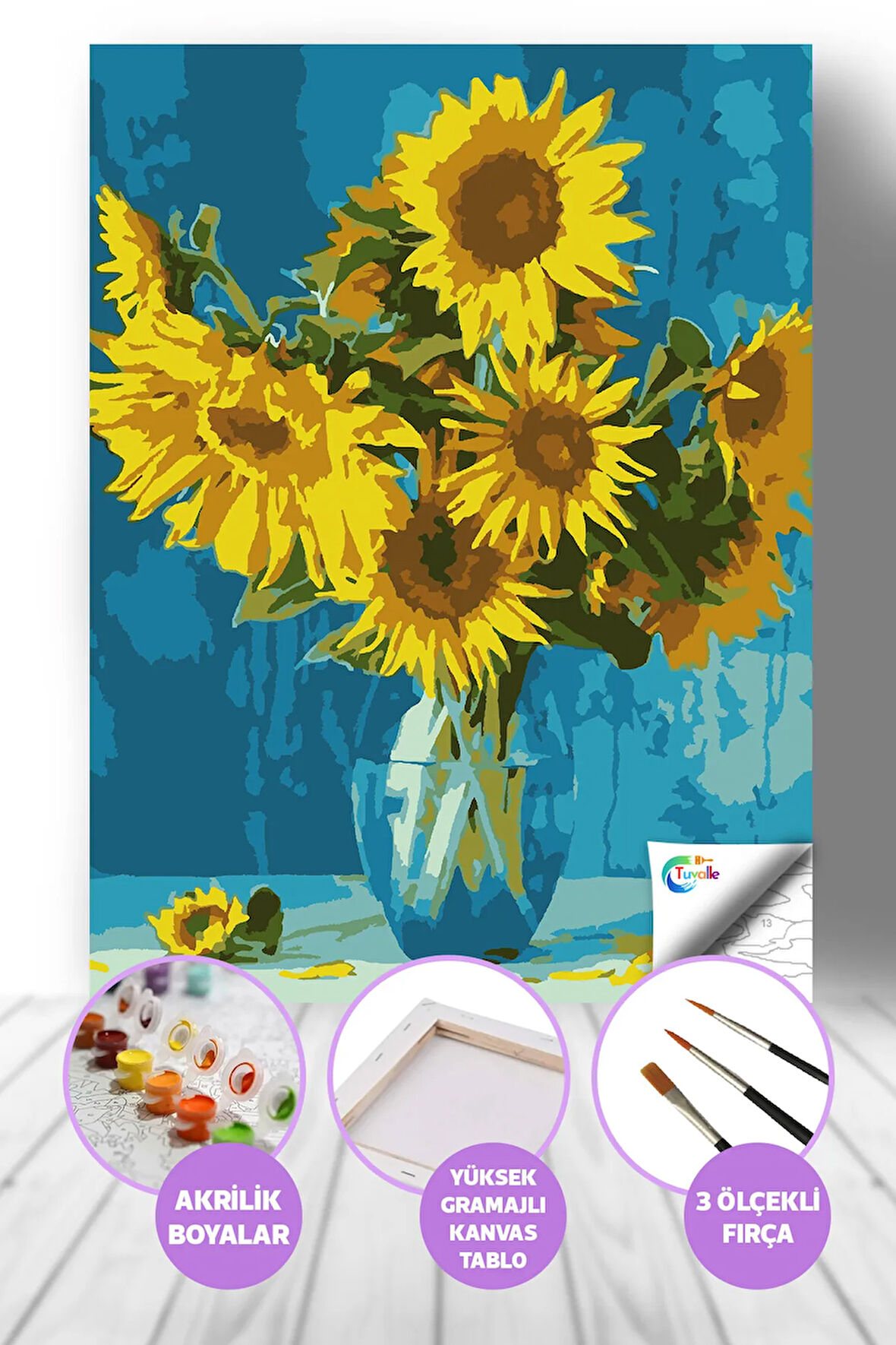 Ayçiçeklerinin Rüyası Sayılarla Boyama Seti, Hobi Seti, 40X50 Tablo, Fırça Boya, Numaralı Tuval