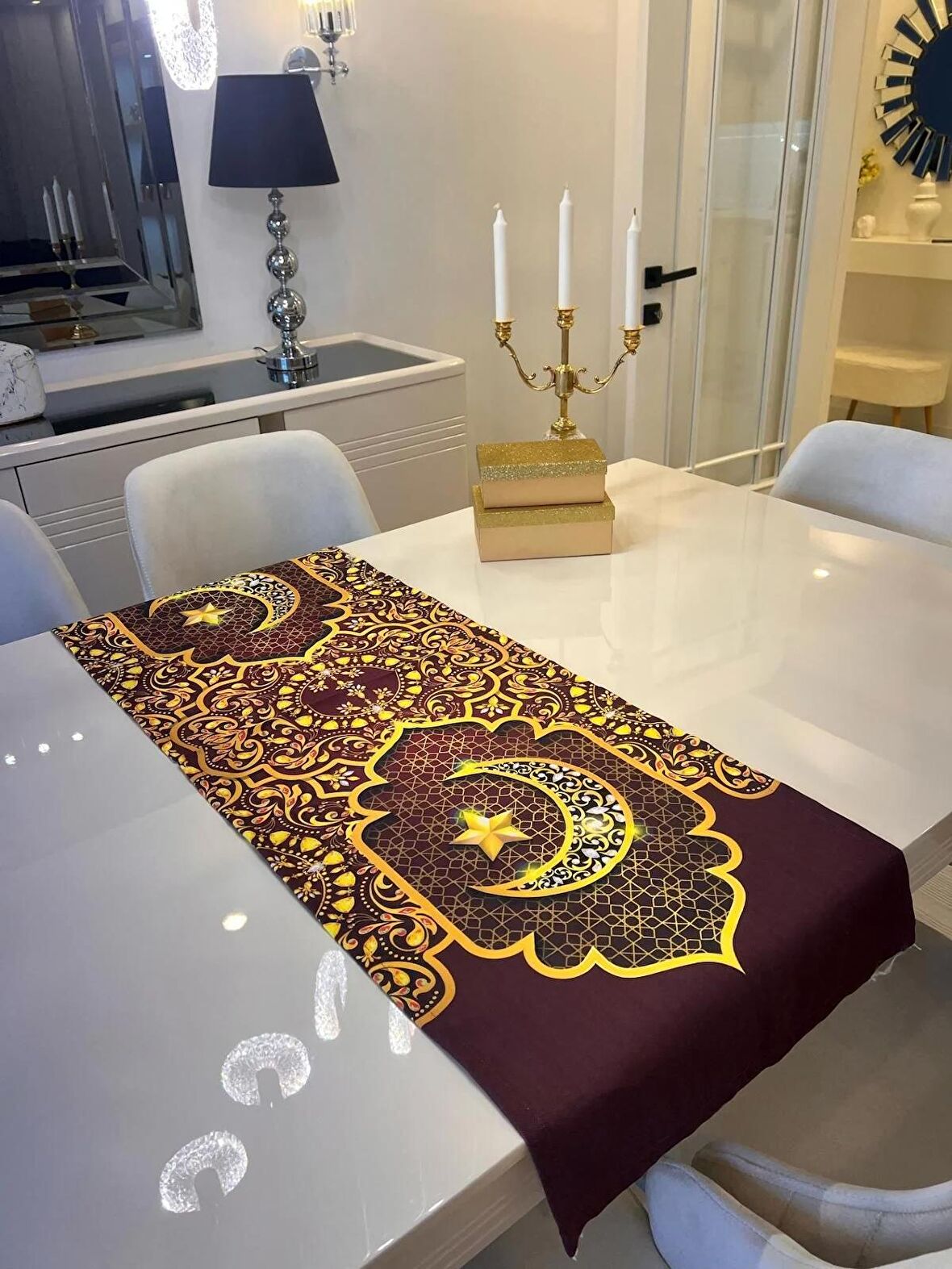 bordo gold hilal desenli ramazan runner iftar sofra bayram 