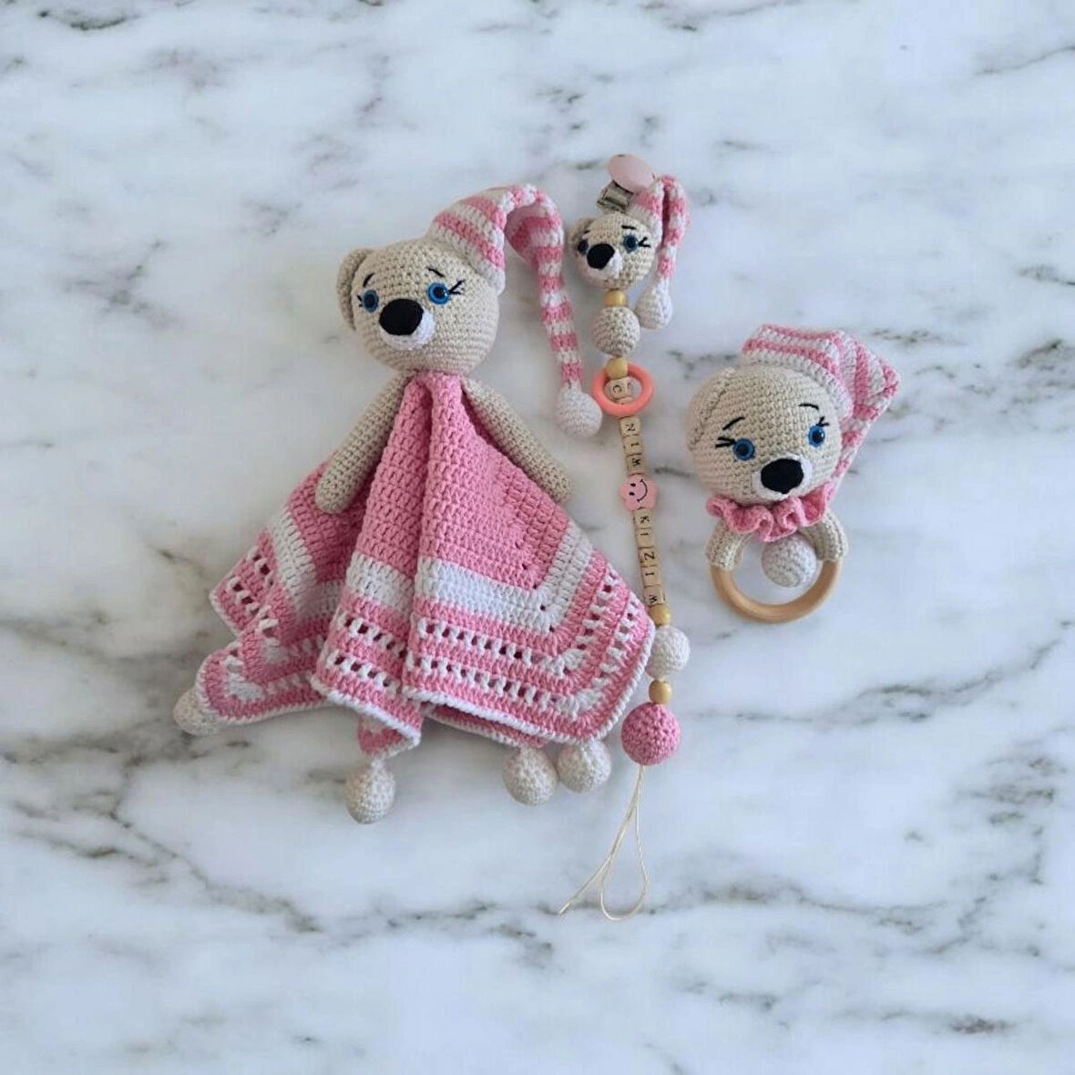 Ayıcık Kız Bebek Uyku Arkadaşı - Çıngırak - Emzik Zinciri