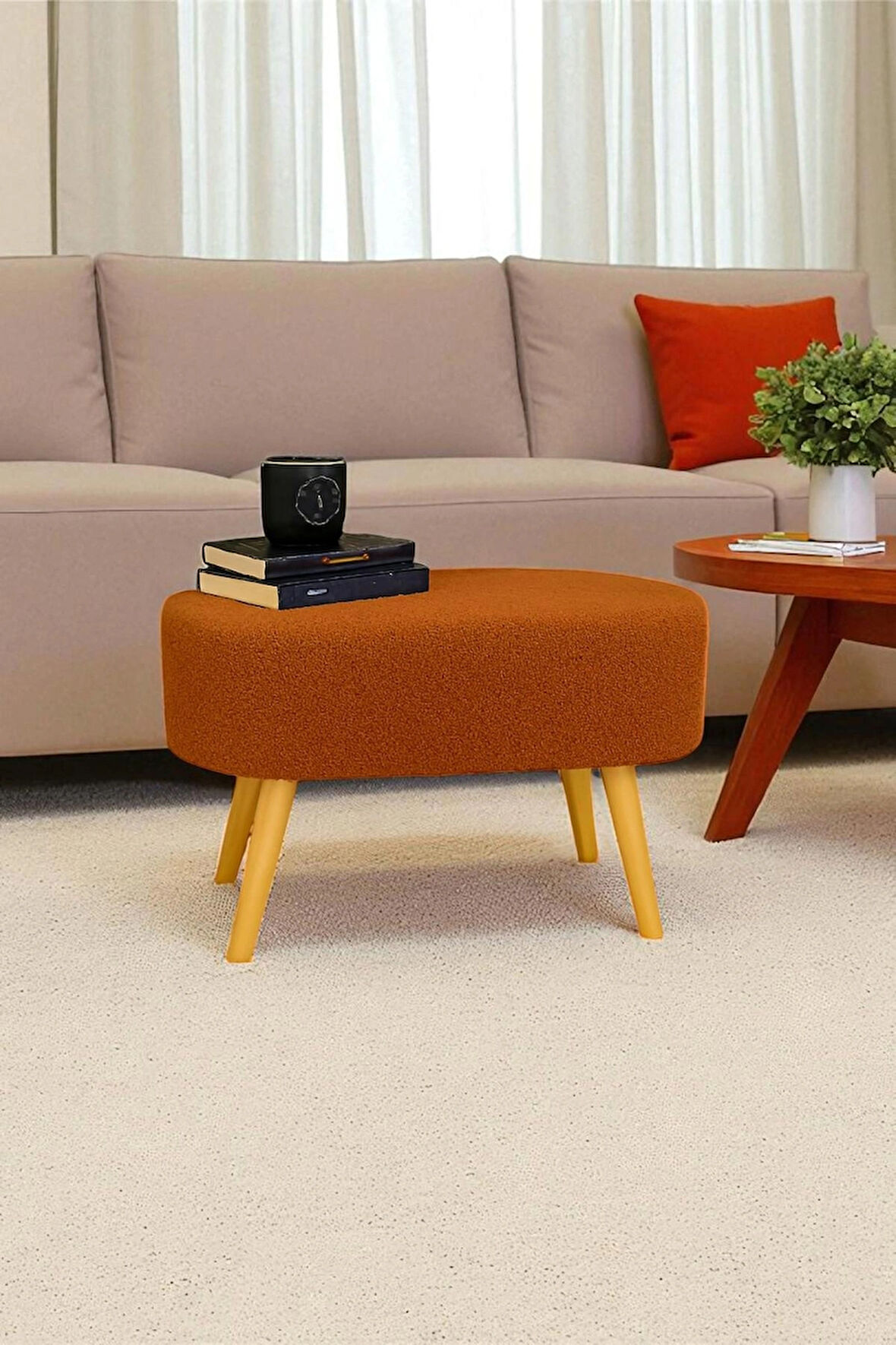 AYLA Retro Gürgen Ahşap Ayaklı Geniş Oturum Alan Özel Tasarım Oval Bench MAKYAJ MASA PUF