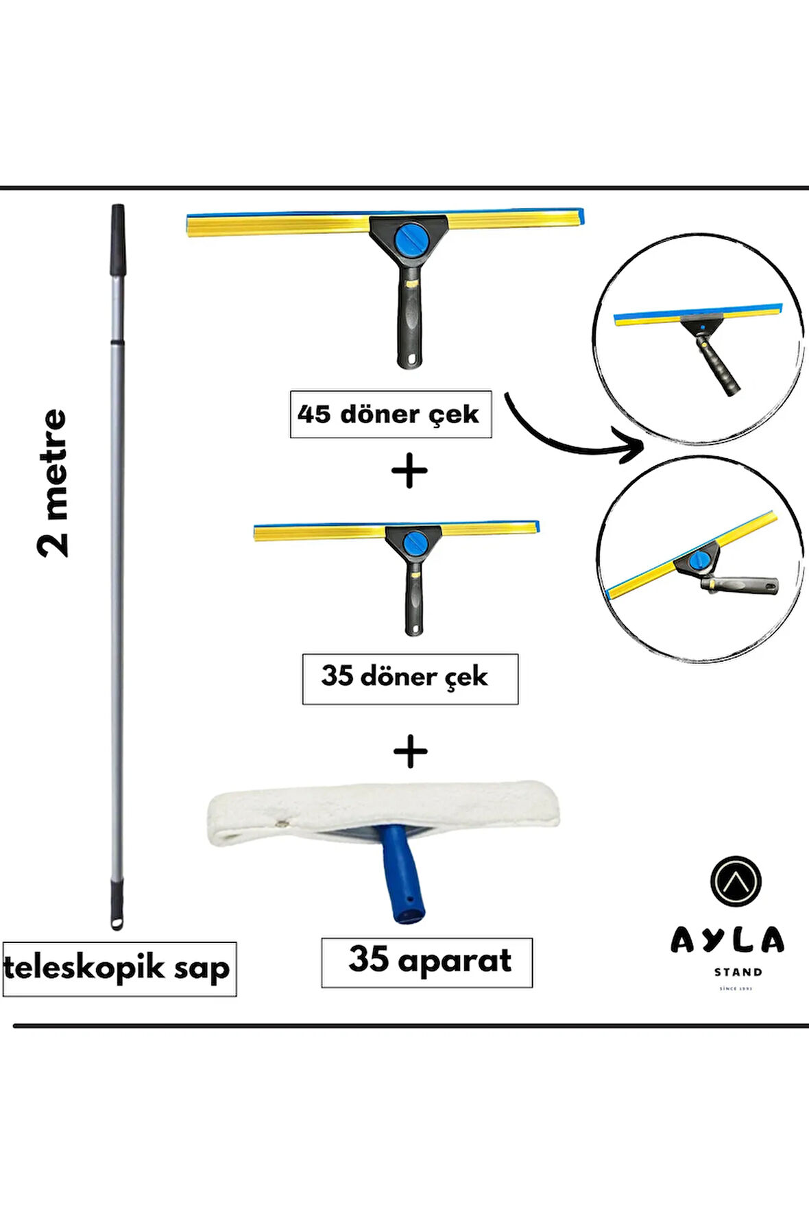 2 Metre Teleskopik Cam Silme Seti – Döner Başlıklı 45+35 cm Cam Çek + 35 cm Mop Ucu