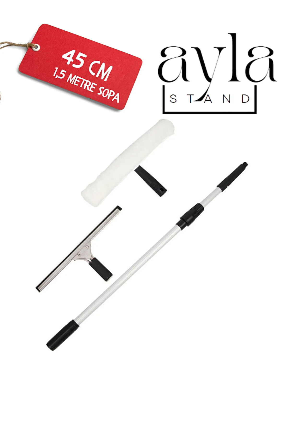 1,5 Metre Profesyonel Pencere Temizleme Seti, Duş ve Cam Sileceği 45cm çekçek+45 Peluş takım