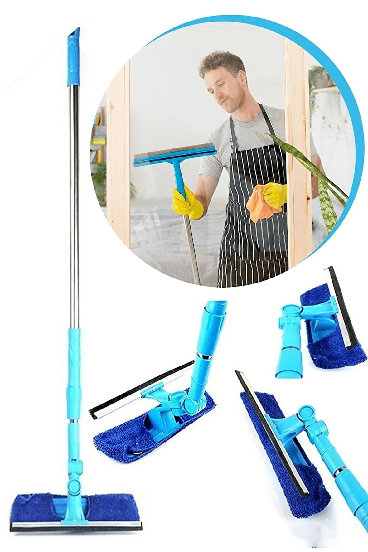 Teleskopik Uzayabilen Cam Silme Mikrofiber Bezli Çekçekli