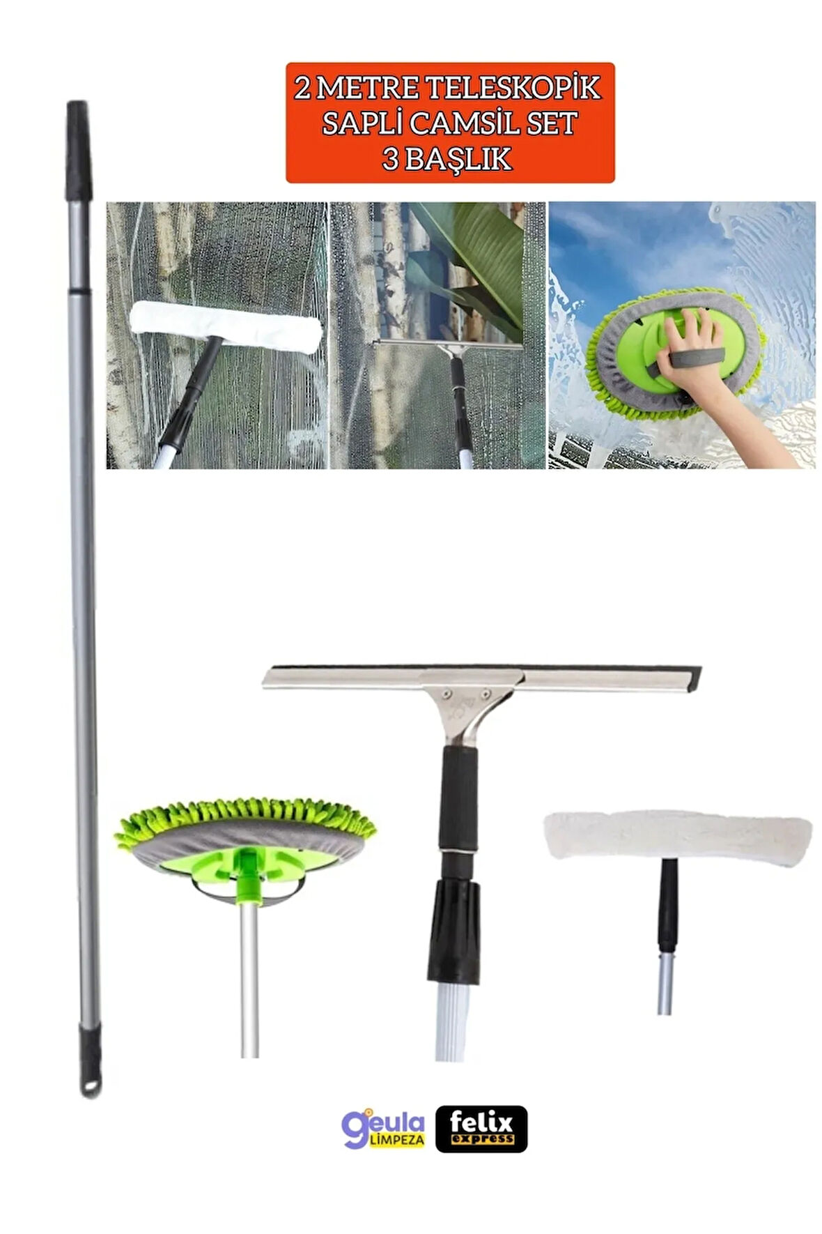 Teleskopik Saplı Cam Silme Aparatı Çok Başlıklı Set Mikrofiberli