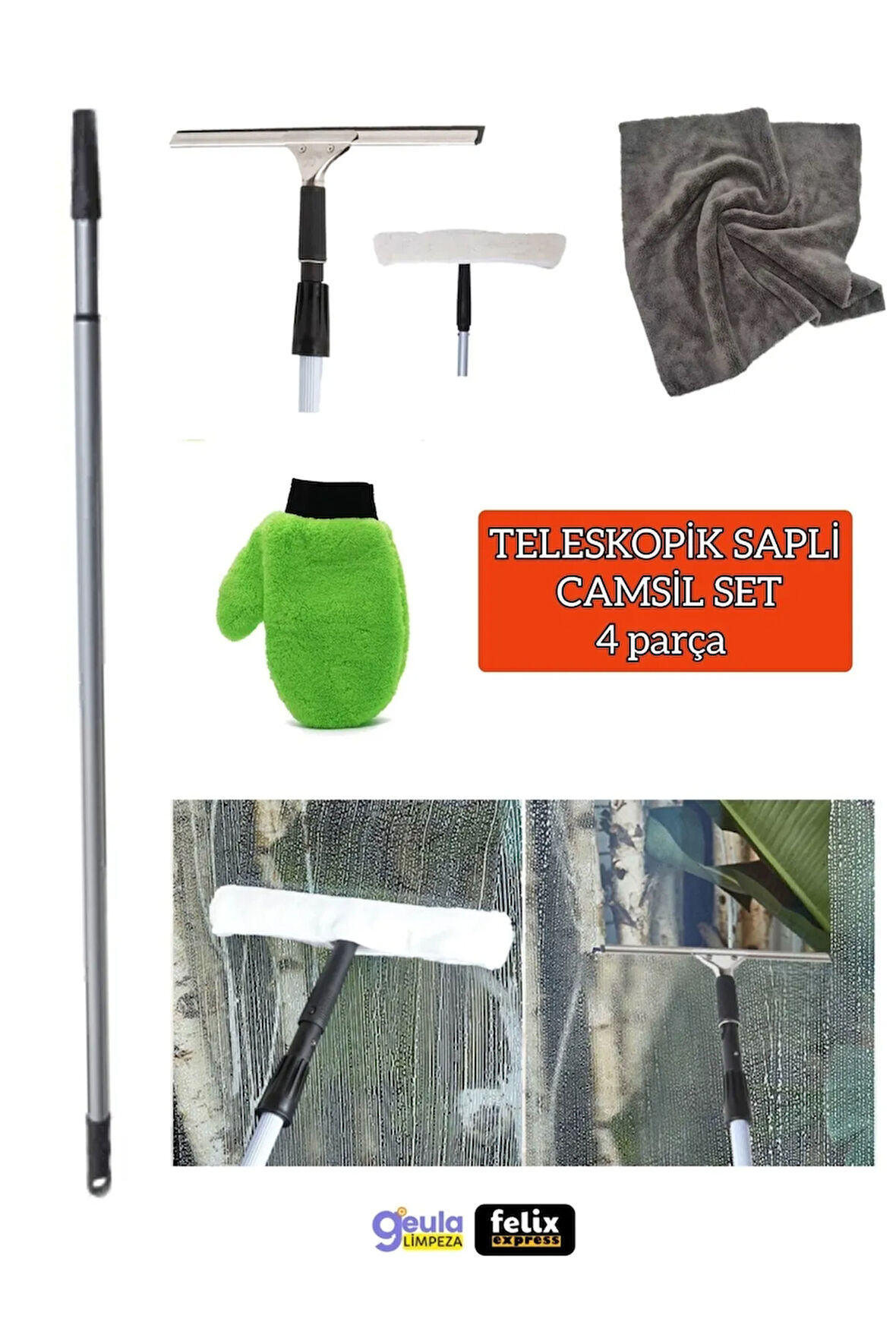 Teleskopik Saplı Cam Silme Aparatı Çok Başlıklı Set Mikrofiberli
