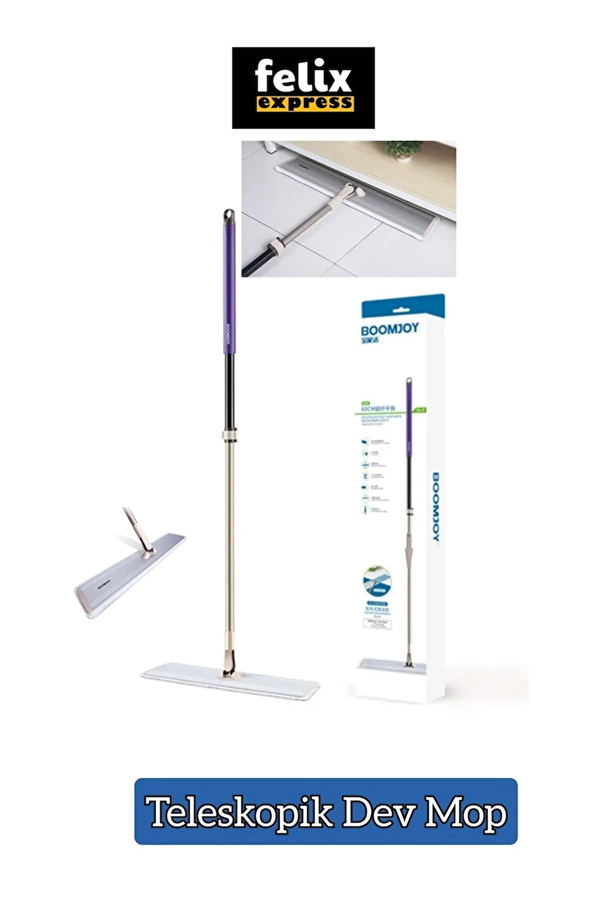 Dev Boy Mop Yer Silme Paspası / Mikrofiber Bezli / Sağlam Teleskopik Saplı