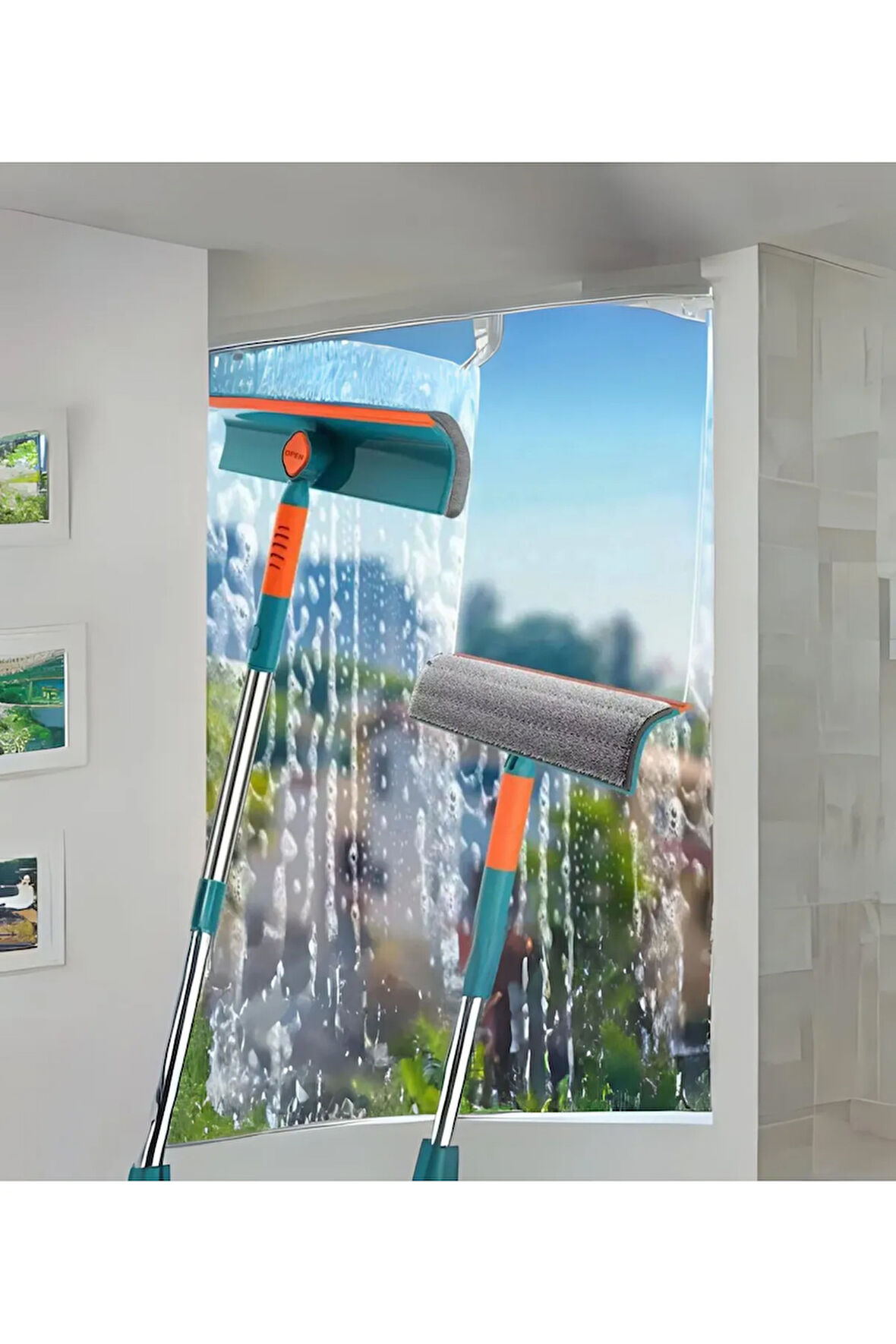 Teleskopik Çift Taraflı Çek Çekli Camsil Duvar Yüzey Cam Silme Aparatı Mop Mikrofiber