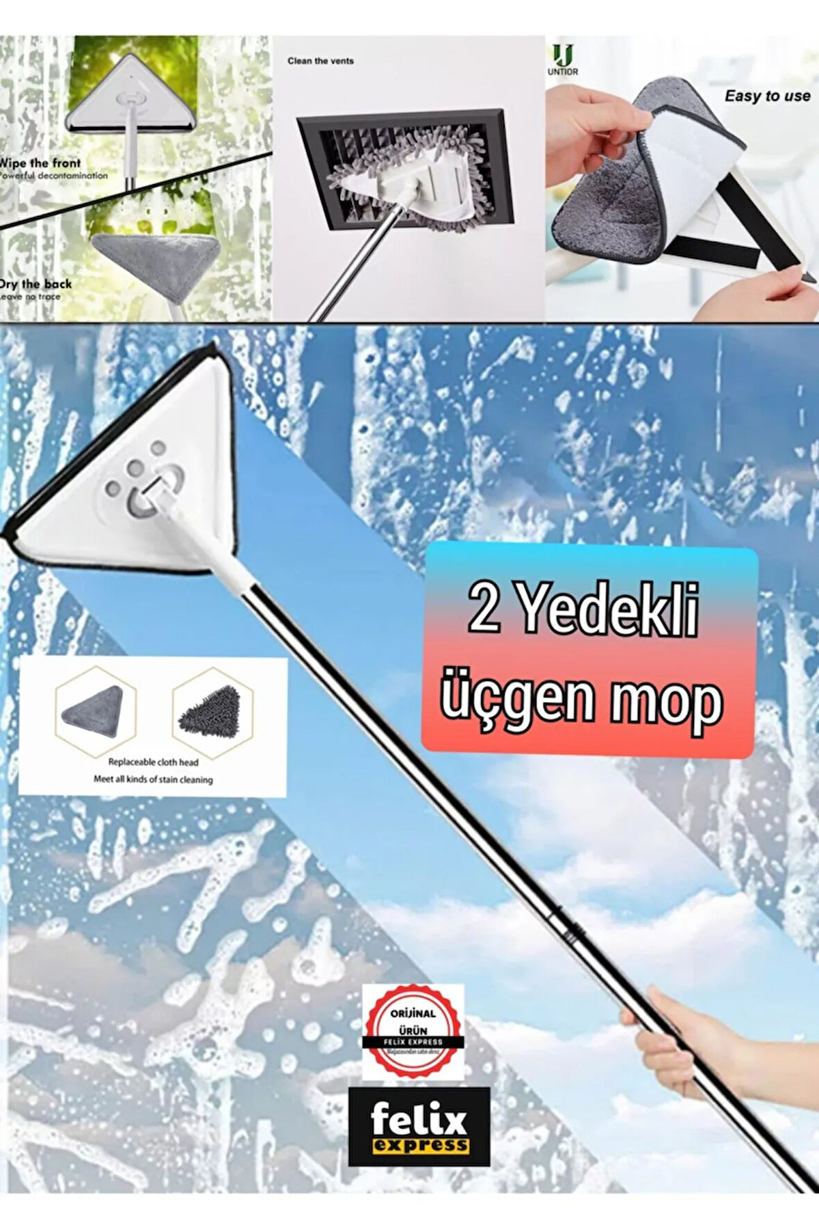 Cam Temizleyici Teleskopik Üçgen Pas Pas Mop Temizleme