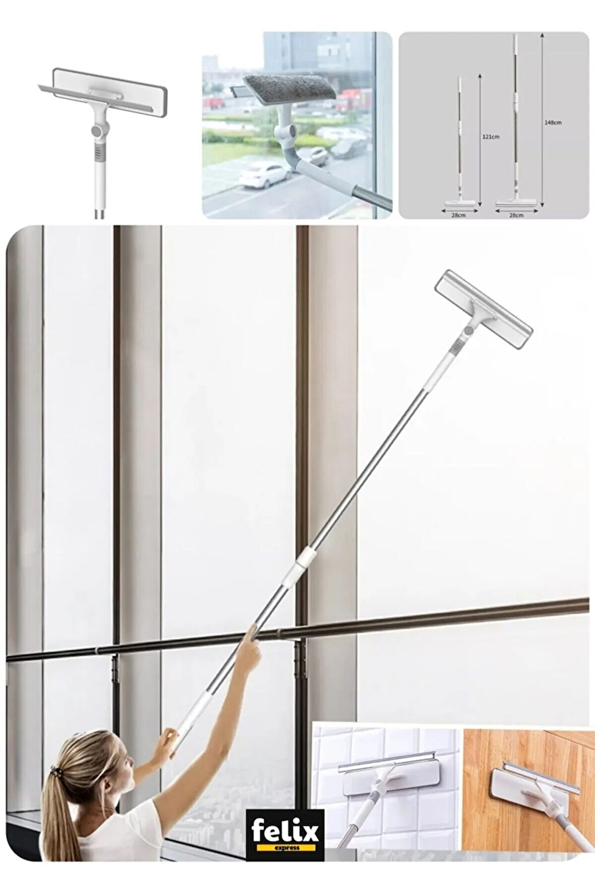 Büyük Boy Dayanıklı Mikrofiber Bezli Bükülebilir Teleskopik Cam Silme Aparatı