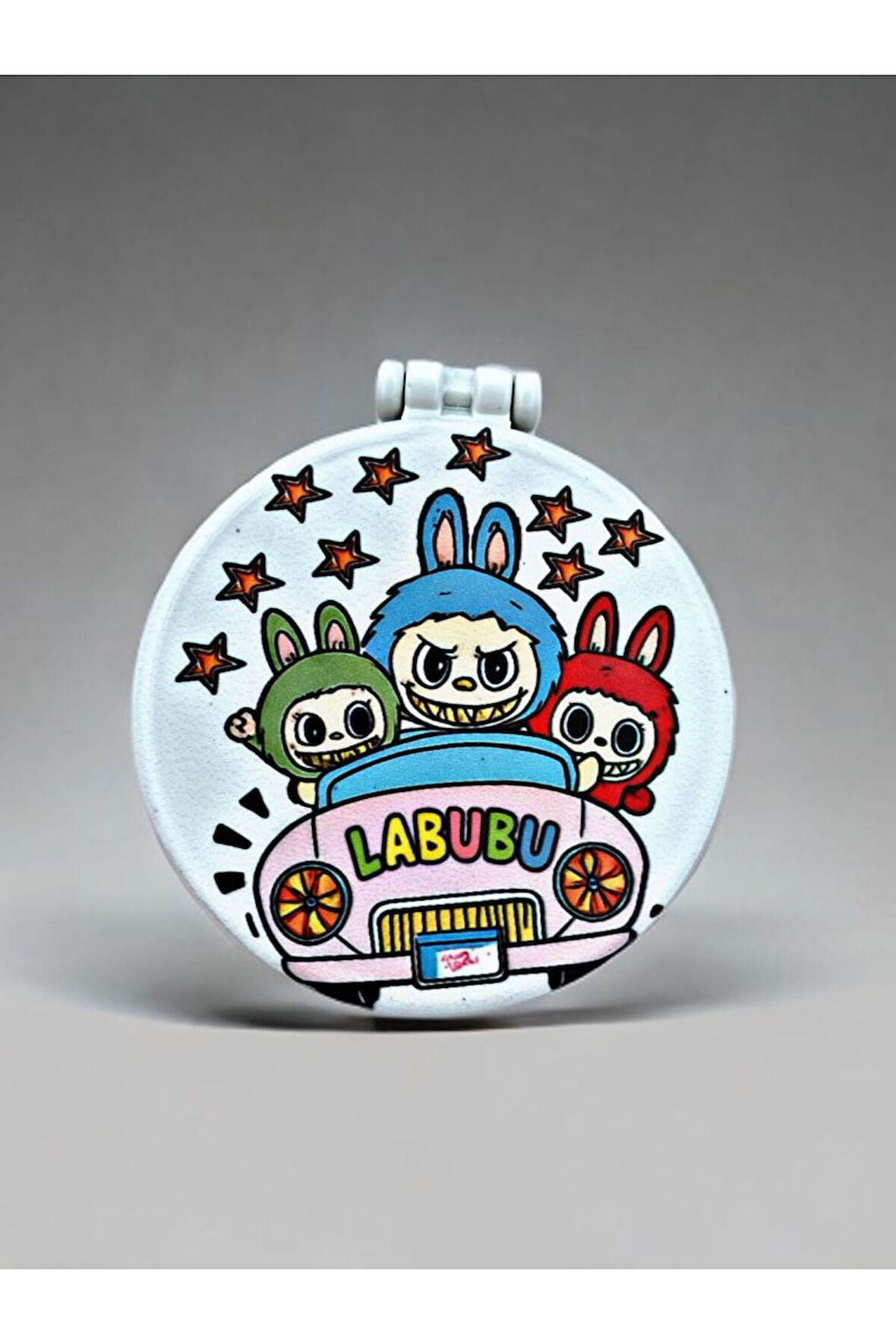 LABUBU Baskılı Plastik El Aynası. Çap: 9cm. Çift Taraflı Ayna. Pembe