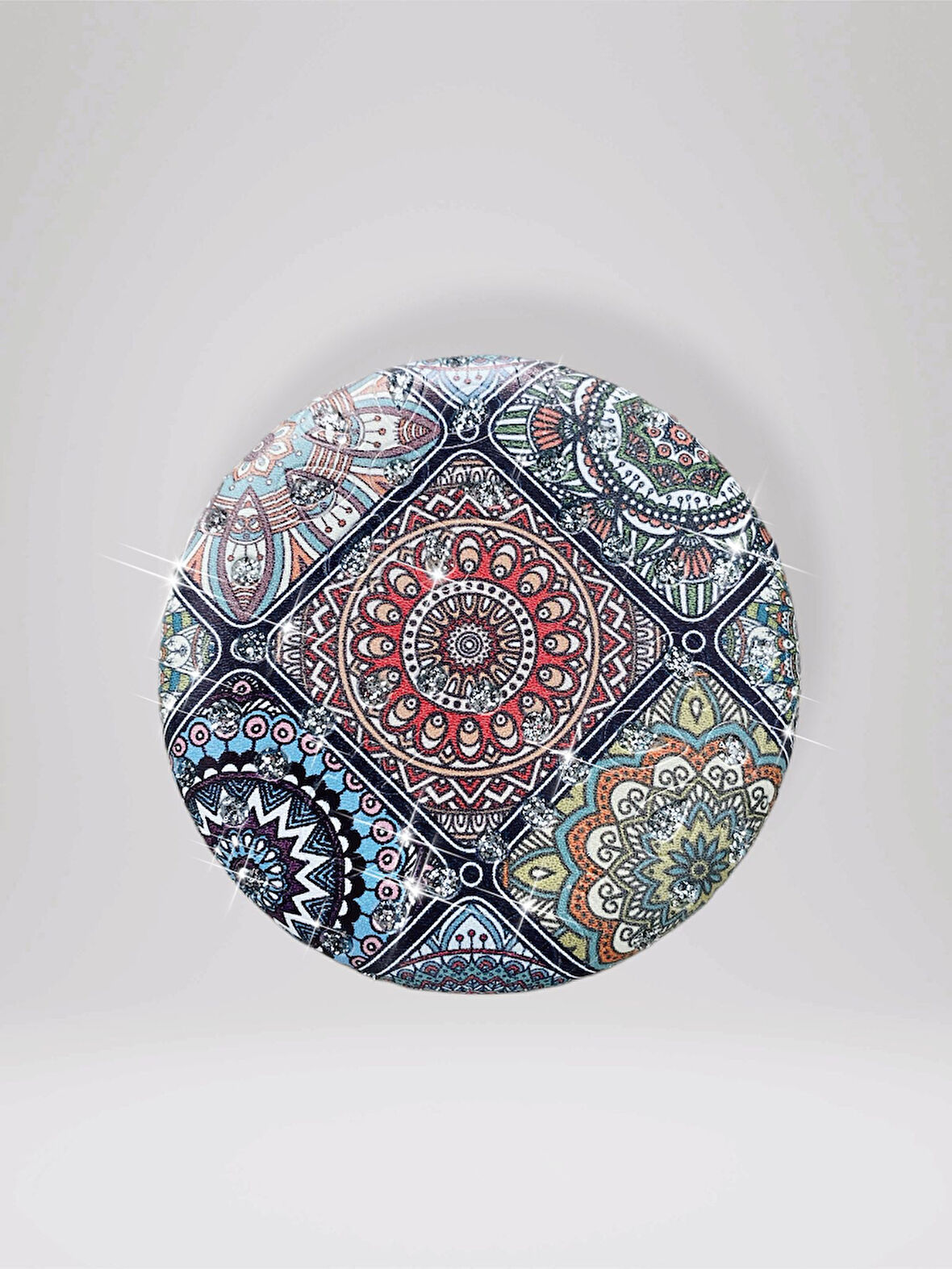 Işıltılı Karışık Desenli Çift Taraflı Yuvarlak Cep Çanta Makyaj El Aynası 7cm çap (KOD:25)