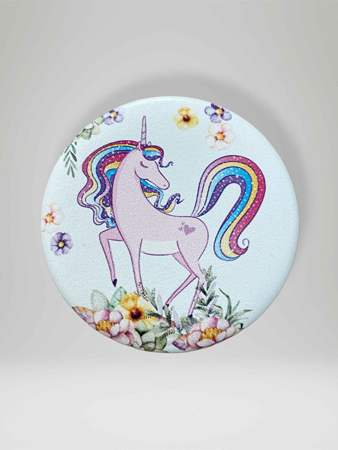 UNICORN Temalı Çift Taraflı Yuvarlak Cep Çanta Makyaj El Aynası 7cm çap (KOD:27)