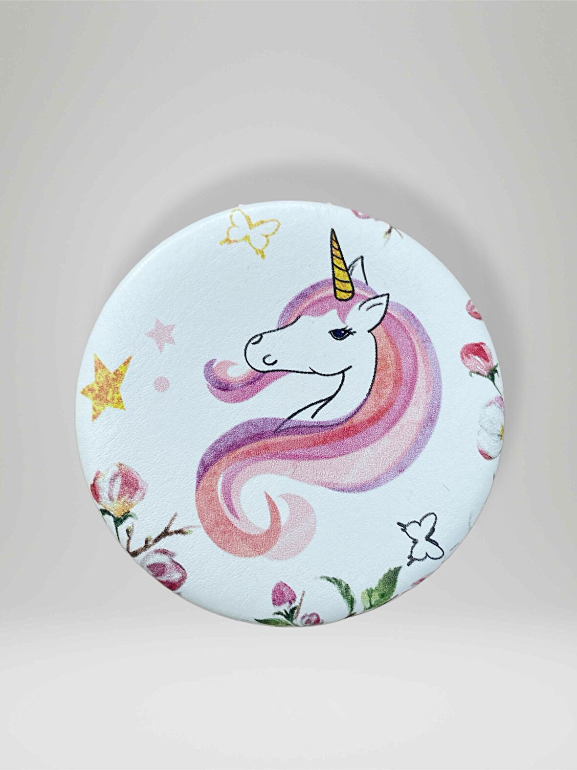 UNICORN Temalı Çift Taraflı Yuvarlak Cep Çanta Makyaj El Aynası 7cm çap (KOD:28)
