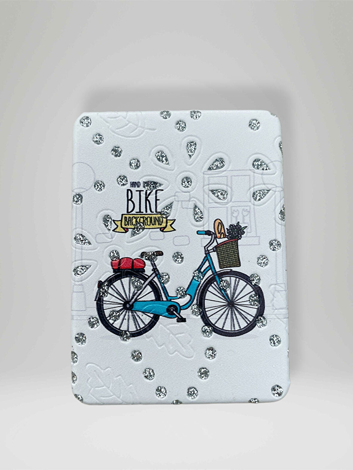 Işıltılı Bisiklet Temalı Çift Taraflı Cep Çanta Makyaj El Aynası 6cm x 9,5cm (KOD:32)