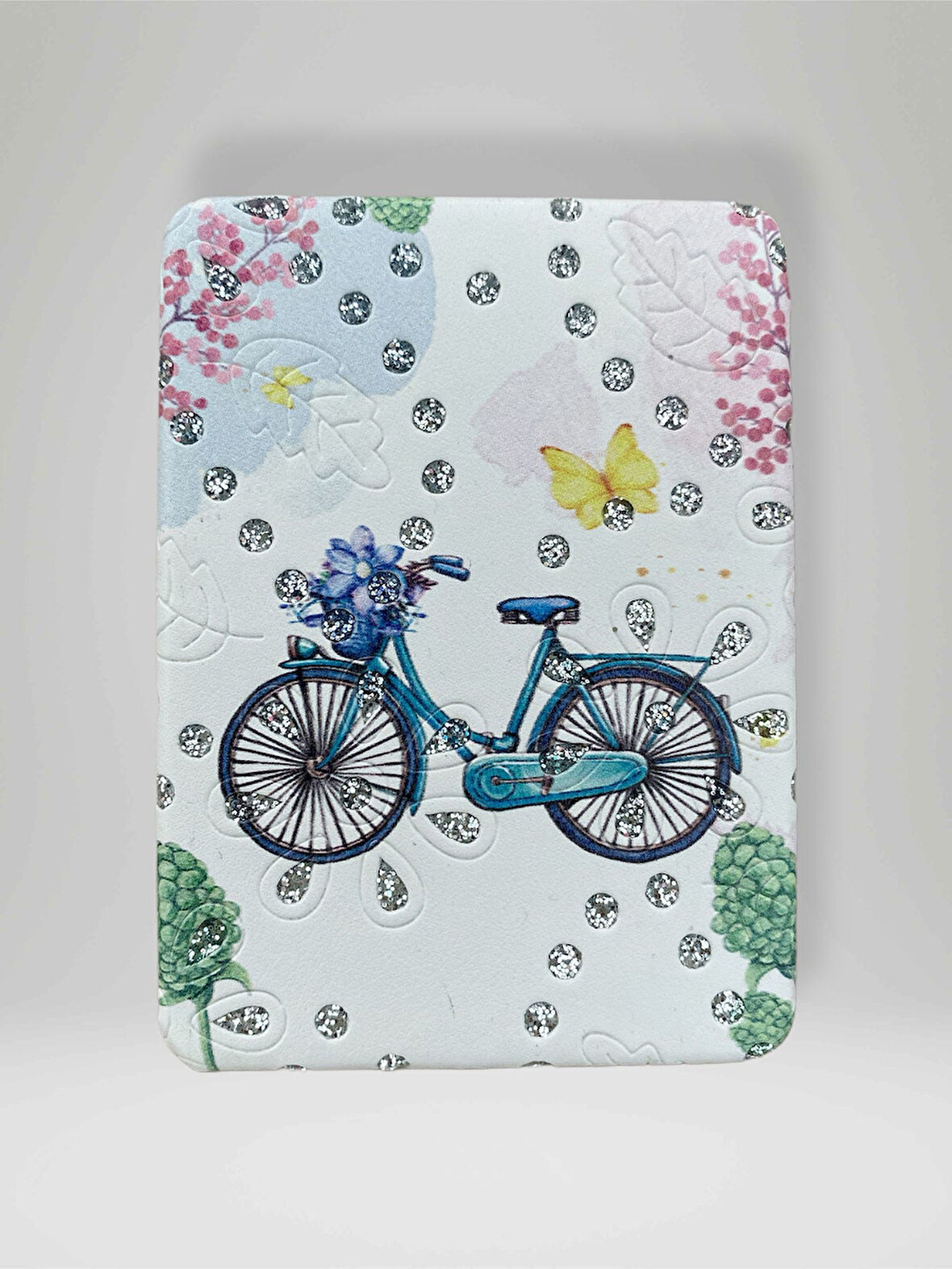 Işıltılı Bisiklet Temalı Çift Taraflı Cep Çanta Makyaj El Aynası 6cm x 9,5cm (KOD:34)