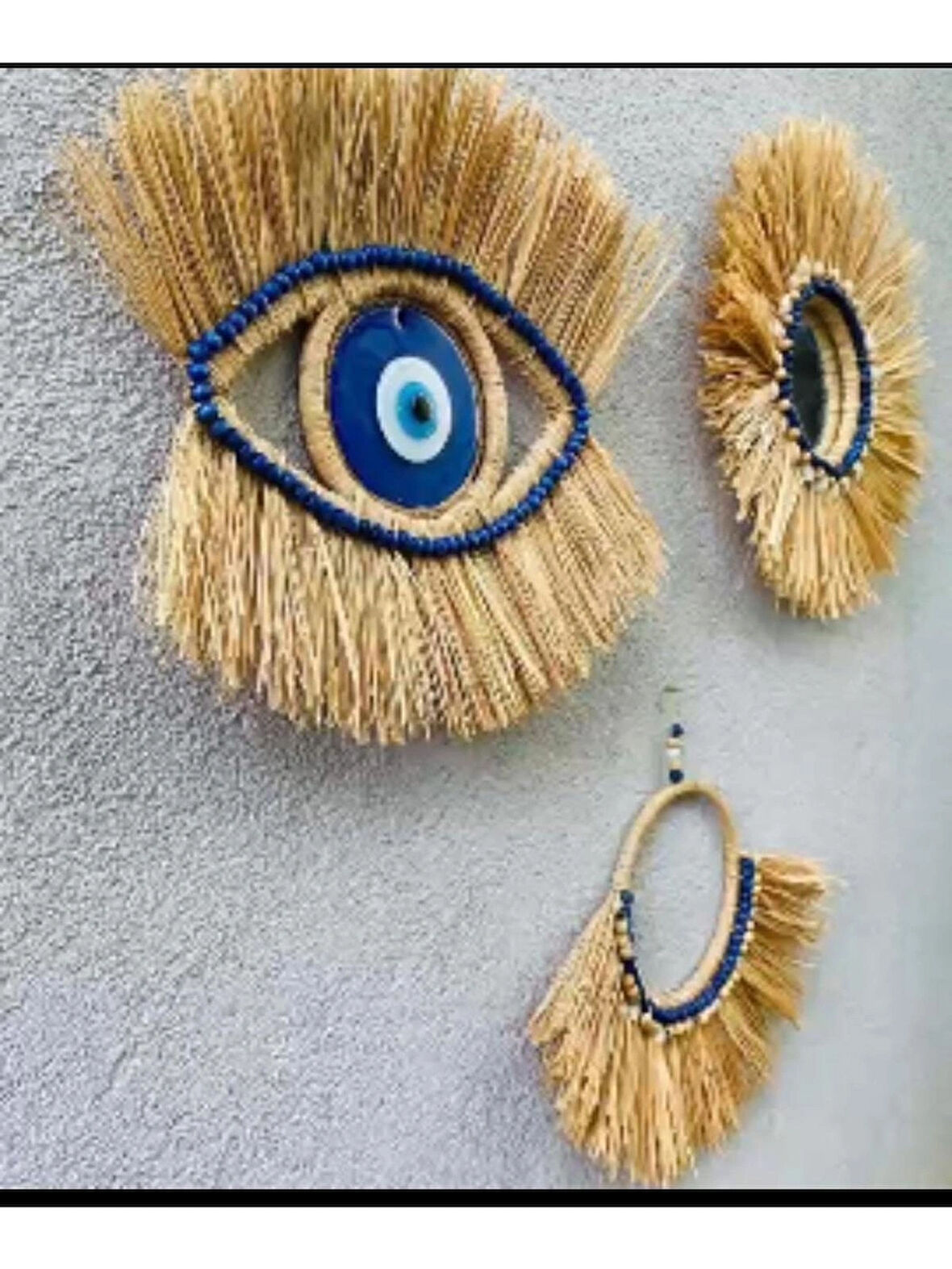 3lü Mavili Nazar Boncuklu Duvar Süsü Rafya