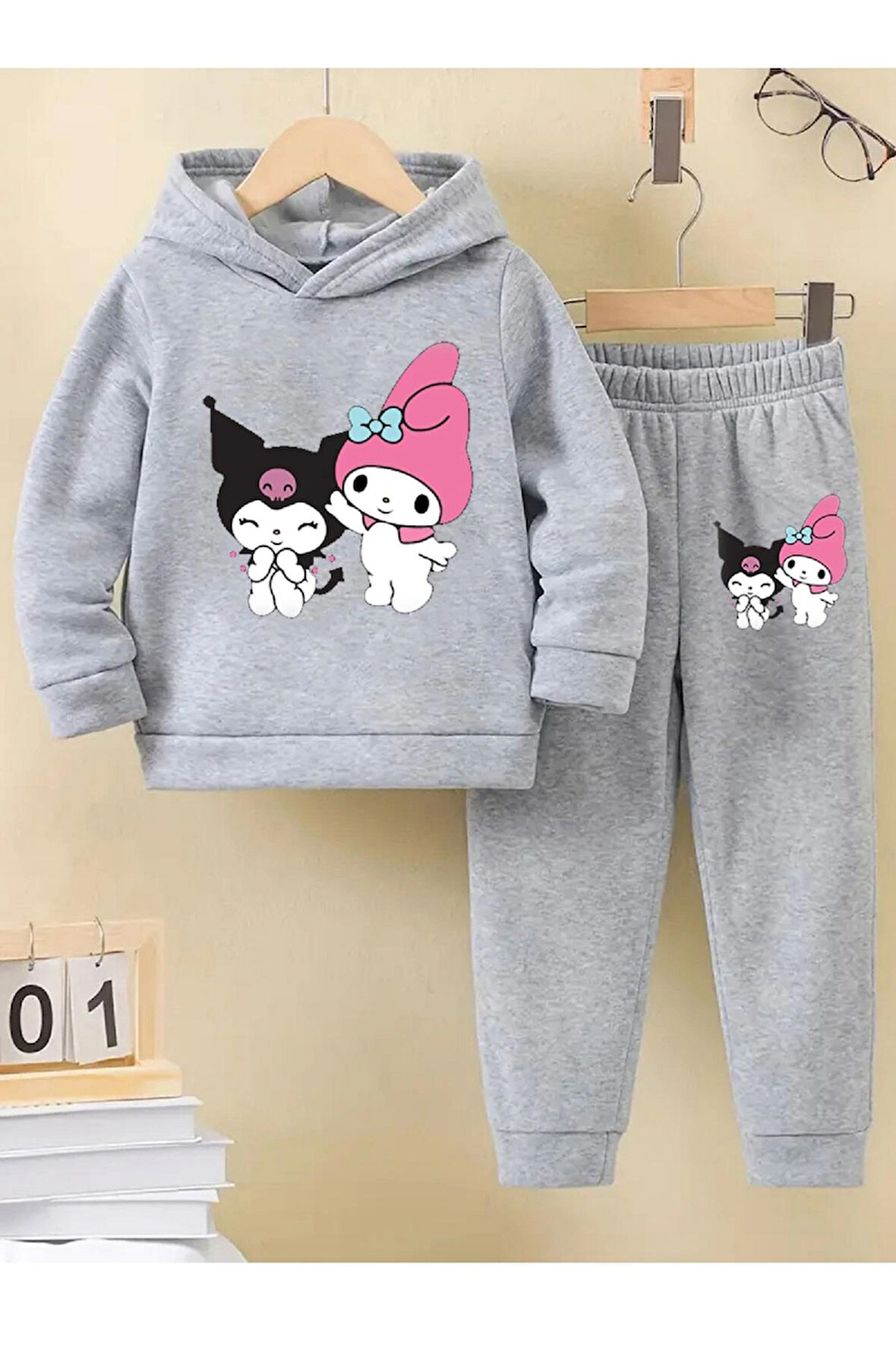 Maki Home kuromi gri kız çocuk eşofman takımı beli lastikli rahat 5 6 7 8 9 10 11 12 yaş