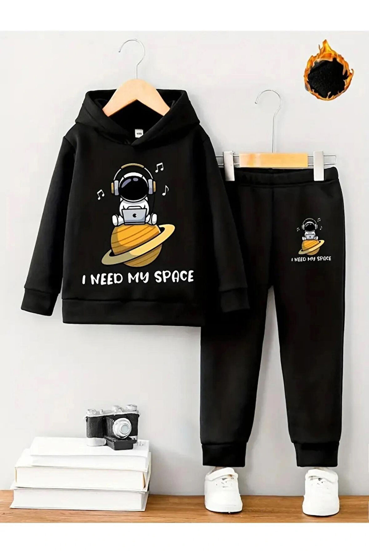 Maki Home uzay astranot temalı siyah kız erkek uniseks çocuk eşofman takımı beli lastikli rahat 5 6 7 8 9 10 11 12 yaş