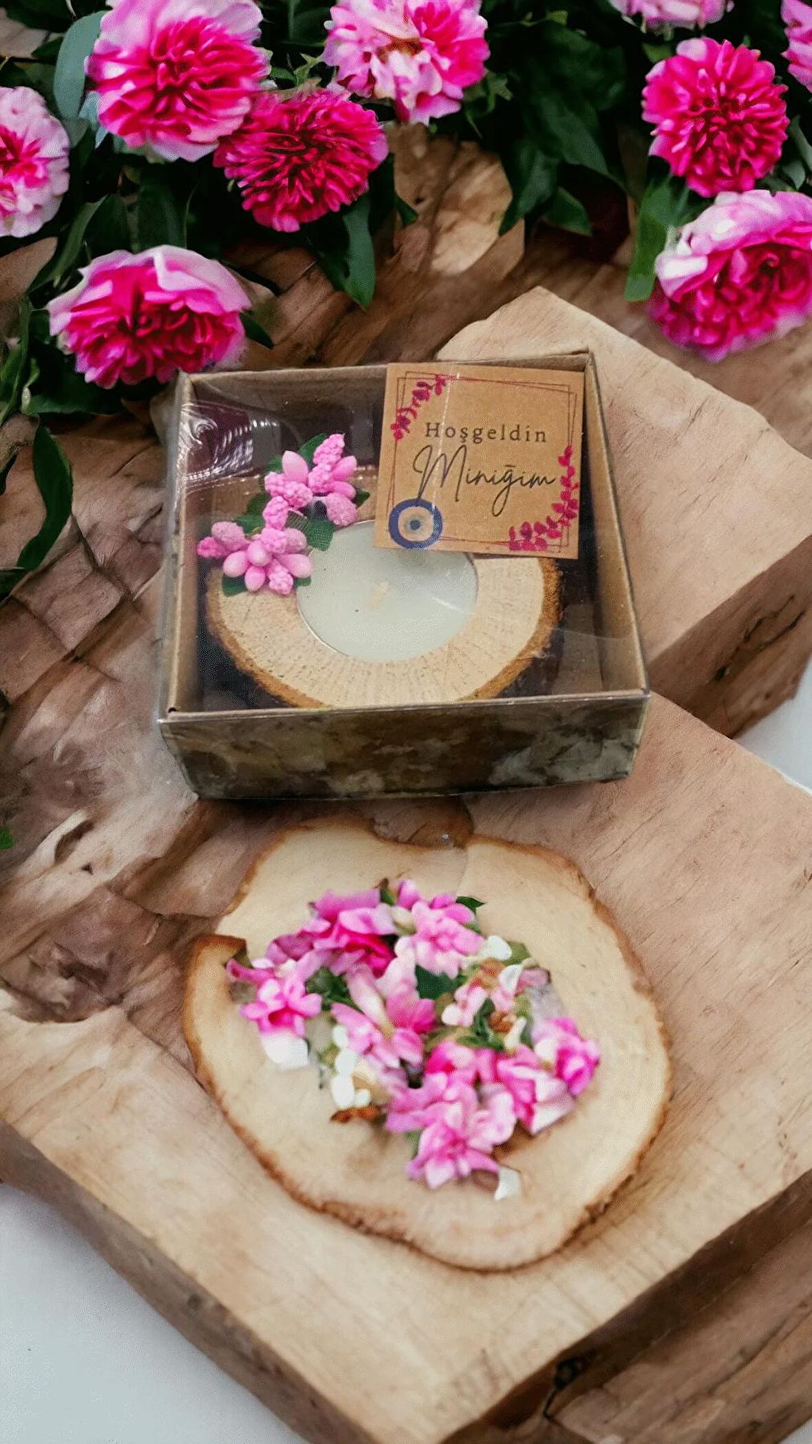 Ahşap Hediyelik 50 adet Kütük Mumluk Söz, Nişan, Kına,bebek, Nikah Şekeri - Kraft Kutulu