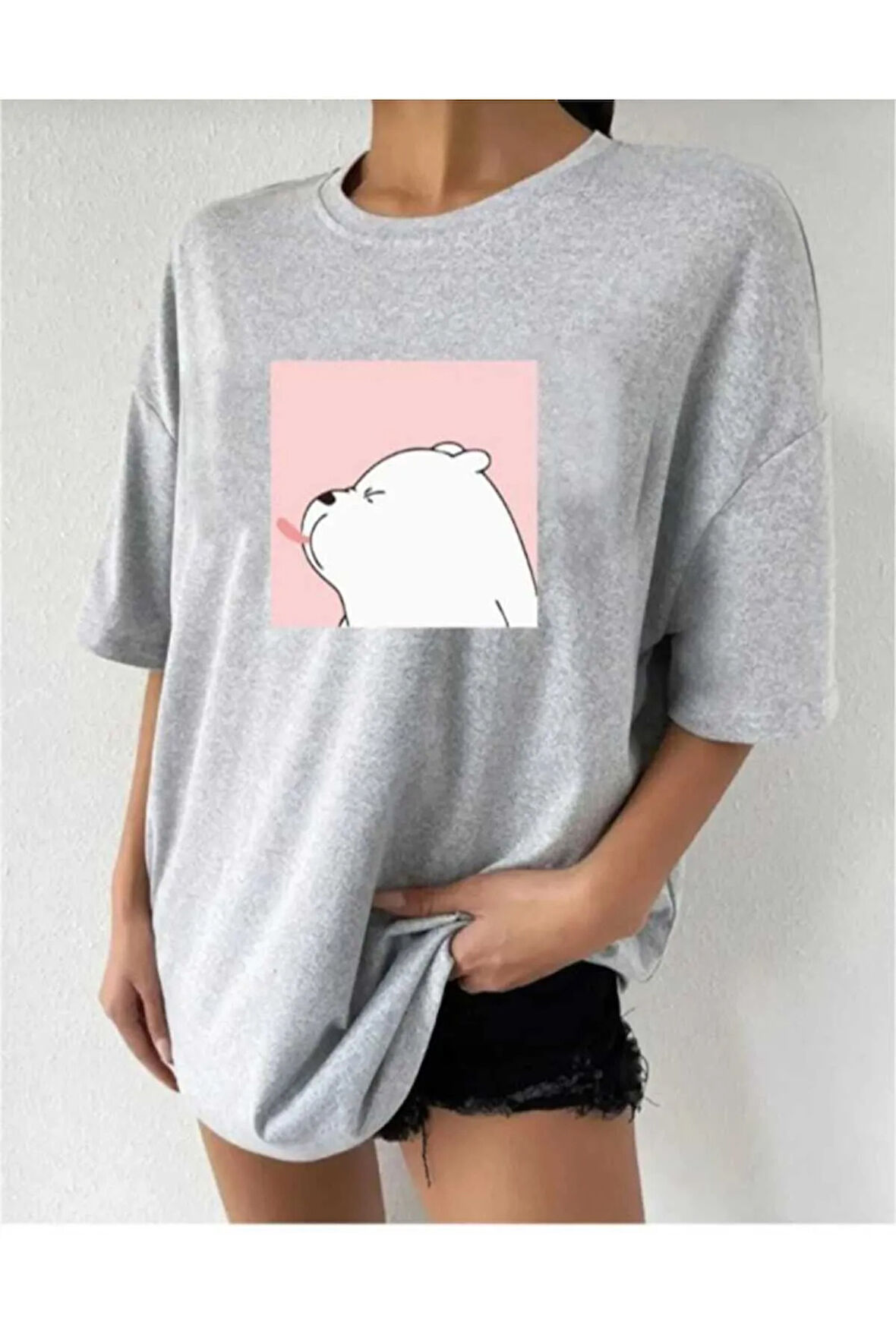 malkoçbey sevimli ayı baskılı oversize basic t-şhirt