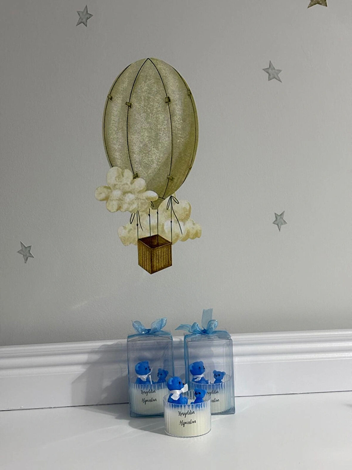 Yeni Doğan Erkek Bebek Doğum Tebrik Hediyesi Şeffaf Asetatlı Kutuda Sevimli Ayıcık Tasarım Mum-20 li