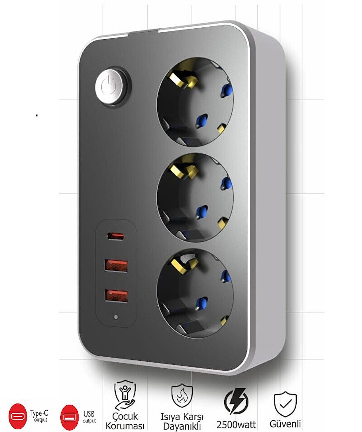 Winnboss Termal Akım Korumalı USB Ve Type-C 2.1A Şarj Çıkışlı 10A 2500W 3'Lü Uzatma Grup Priz 3414