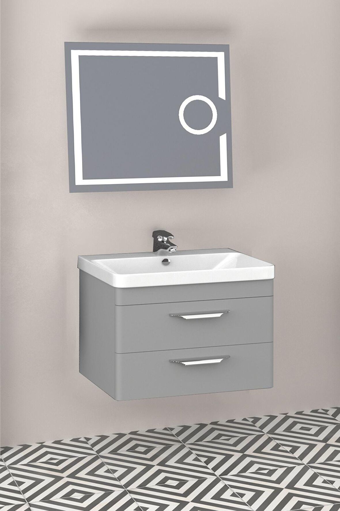 MARİA 80 CM BANYO DOLABI LED MERCEK AYNALI GRİ - BOY DOLAP HARİÇ