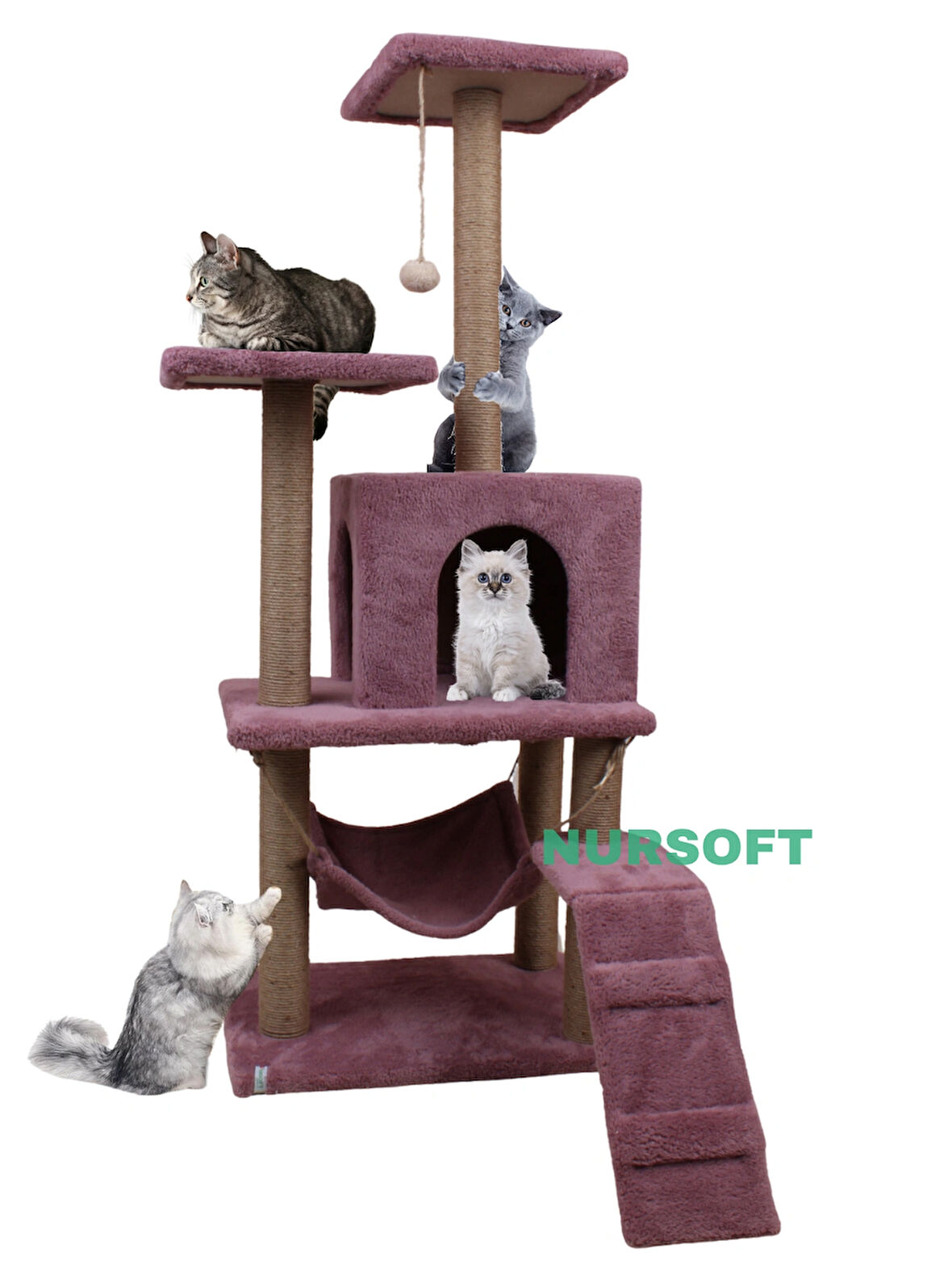 B-07 Hamaklı Yuvalı Lüx Kedi Tırmalama Oyun Evi- Gül Kurusu