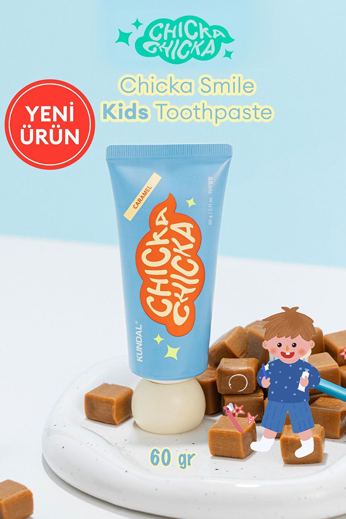 Renkli, Çürüklere Karşı Etkili Çocuk Diş Macunu KUNDAL Chicka Smile Kids Toothpaste (Caramel)