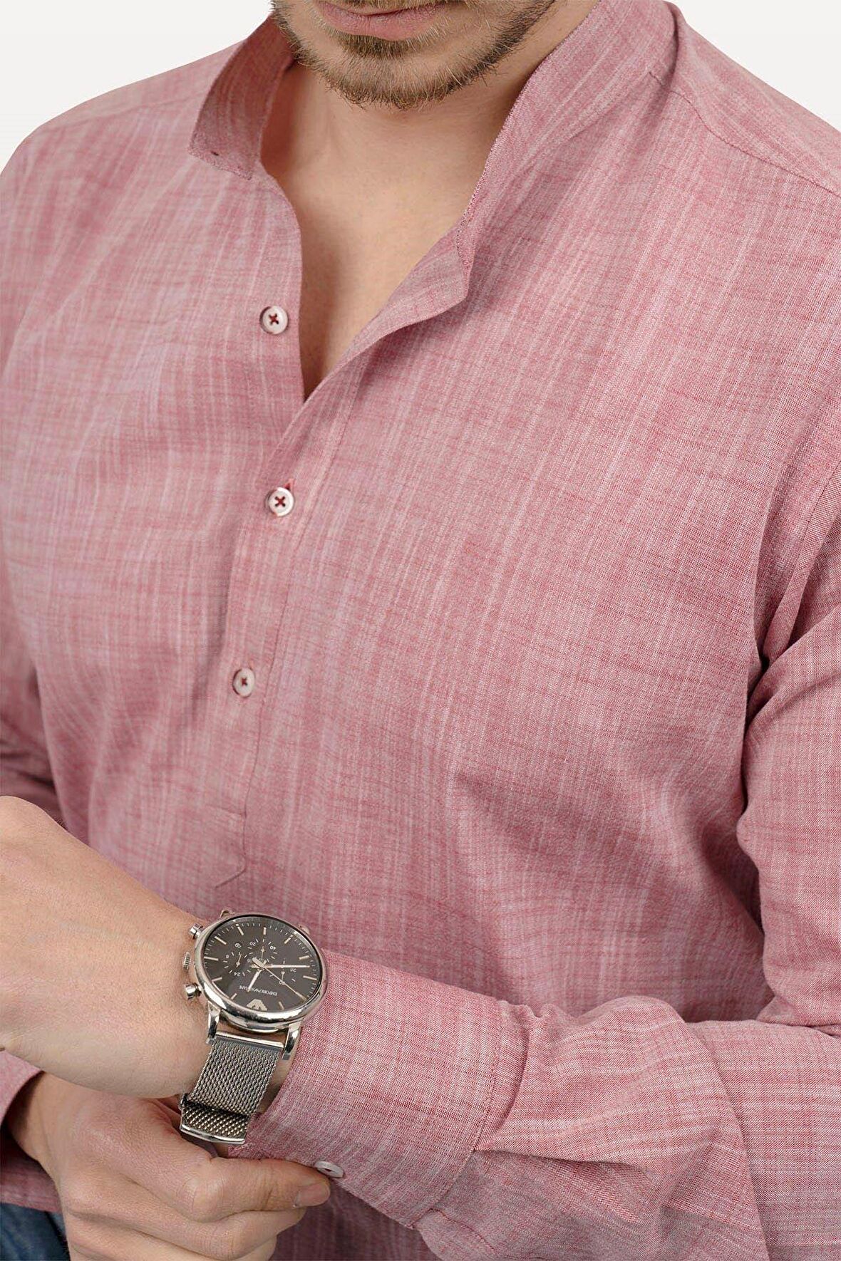 Açık Vişne Hakim Yaka Üç Düğmeli Slimfit Keten Gömlek