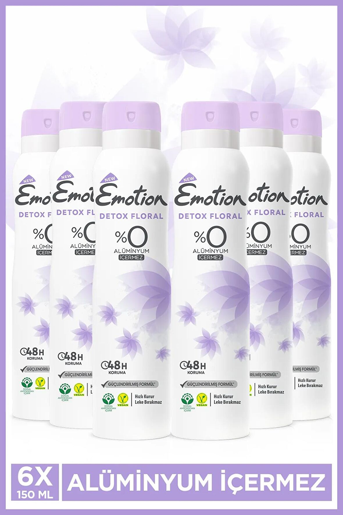 Detox Floral Kadın Vegan Deodorant 6x150ml Hızlı Kurur, Leke Bırakmaz