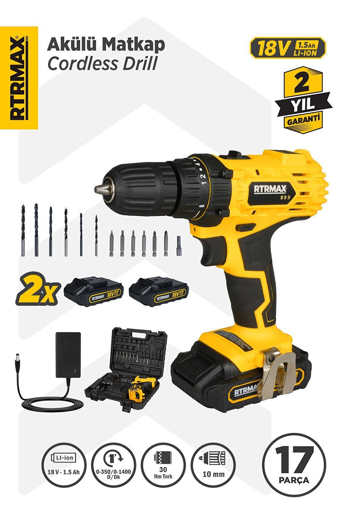 RTM350 Şarjlı Matkap Çift Akülü 30 Nm Li-ion 2x1.5 Ah - Akü Dahil