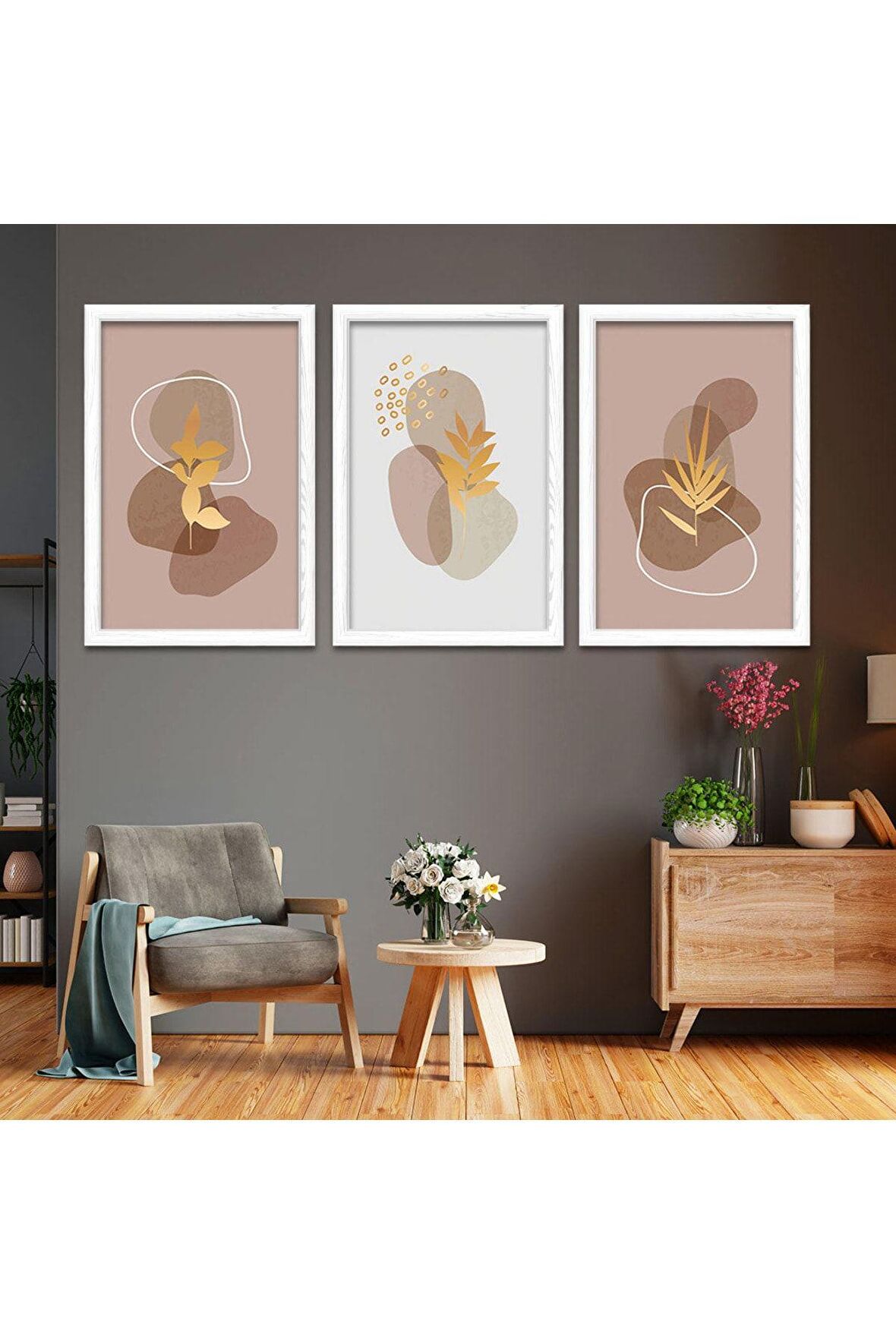 Gümüş Aynalı Pleksi Çerçeveli Üçlü Soyut Desen Üçlü Mdf Tablo Seti