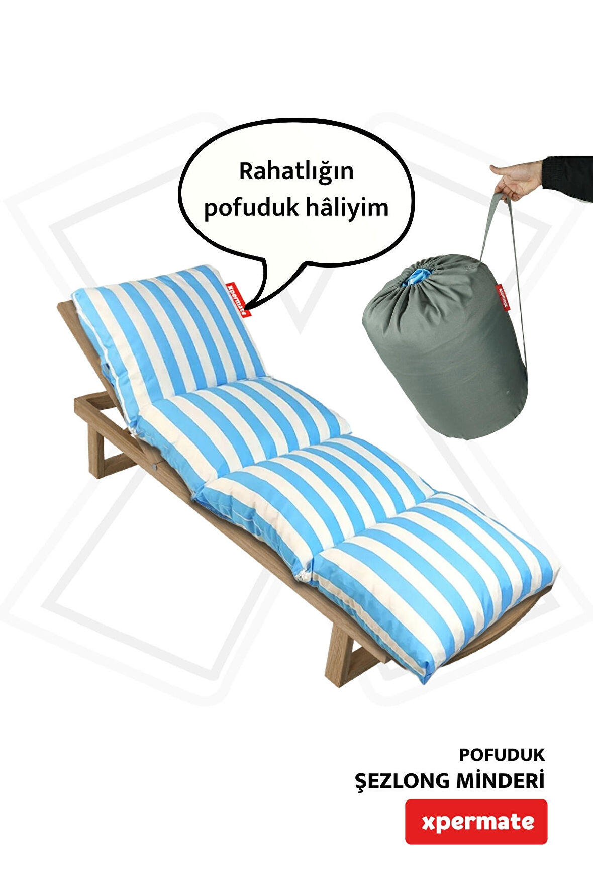 XPERMATE Pofuduk Şezlong Minderi 60x180x12Cm Su İtici,Katlanır,UV Güneş Dayanımı, Fermuar, Mavi Çizgili