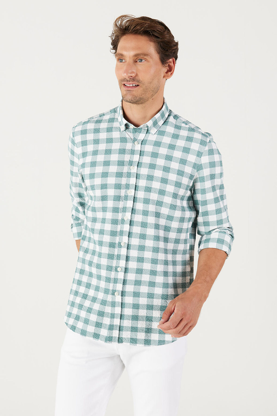 Erkek Beyaz-yeşil Slim Fit Dar Kesim Düğmeli Yaka Kareli Gömlek