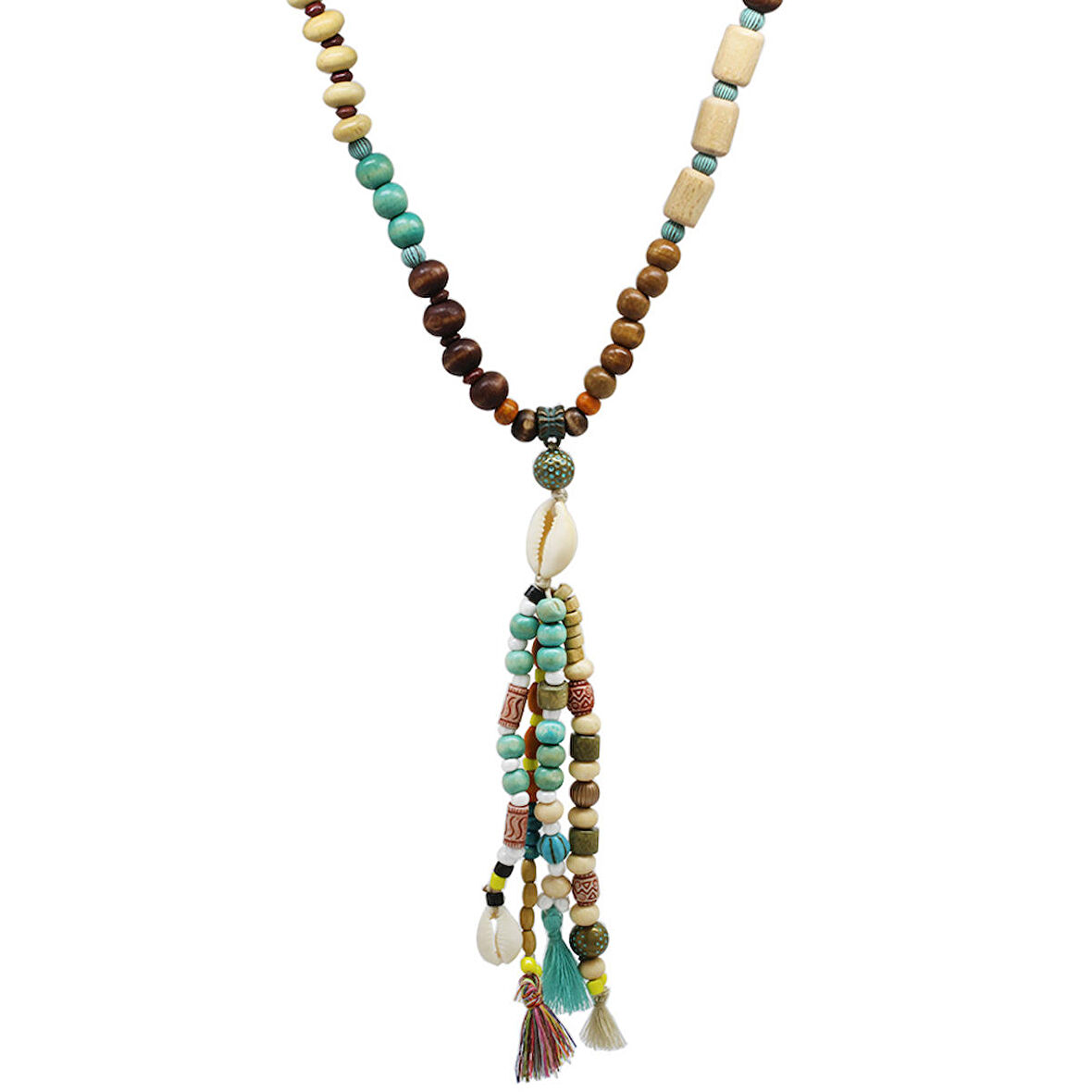 El Yapımı Etnik Ahşap Kombinli Turkuaz Renk Geçişli Deniz Kabuğu Detaylı Otantik Kolye
