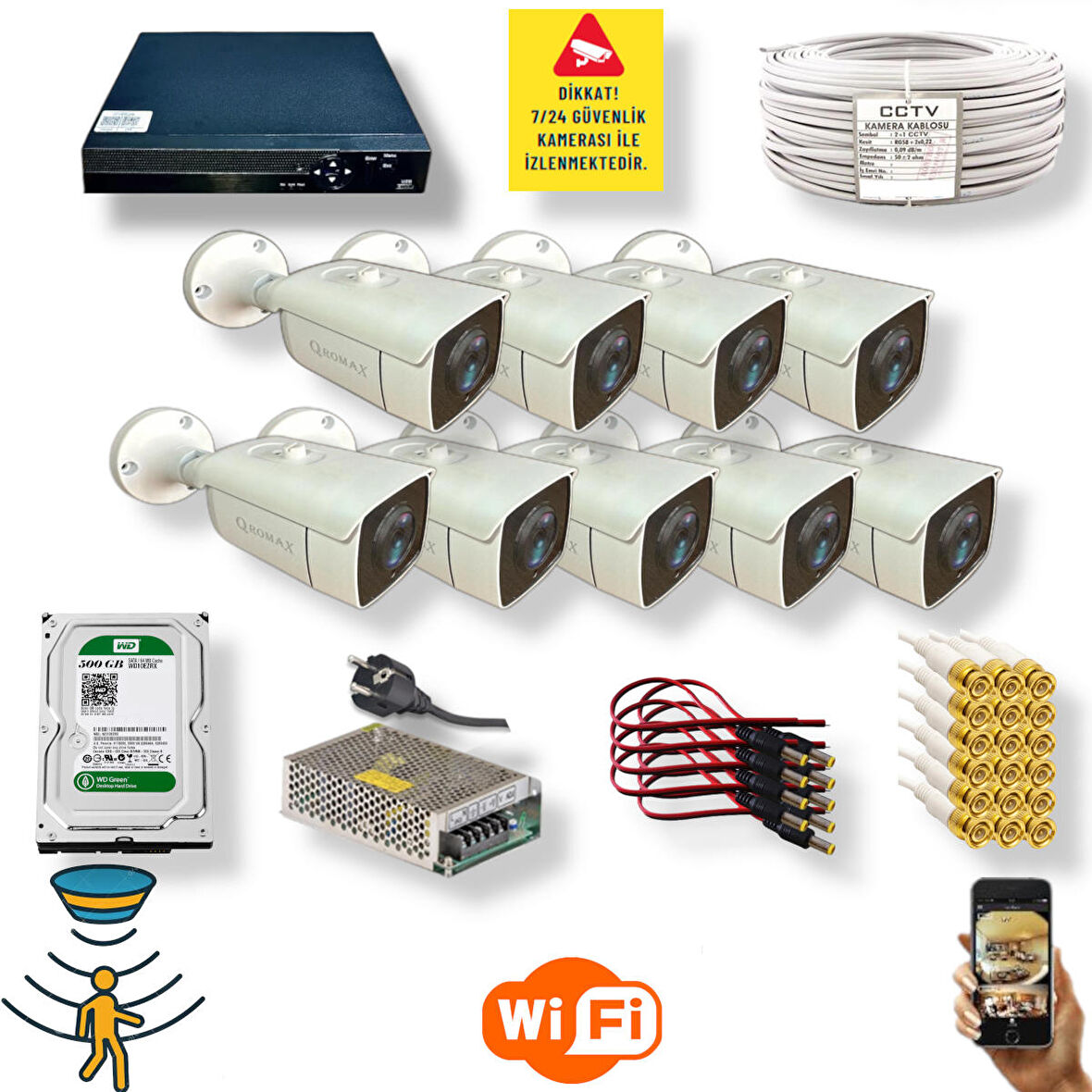 9 Kamerali Set - Hareket Algilayan Gece Görüşlü 24 Smd Led 5mp Sony Lensli 1080p Full Hd Metal Kasa Güvenlik Kamerasi Seti 6224