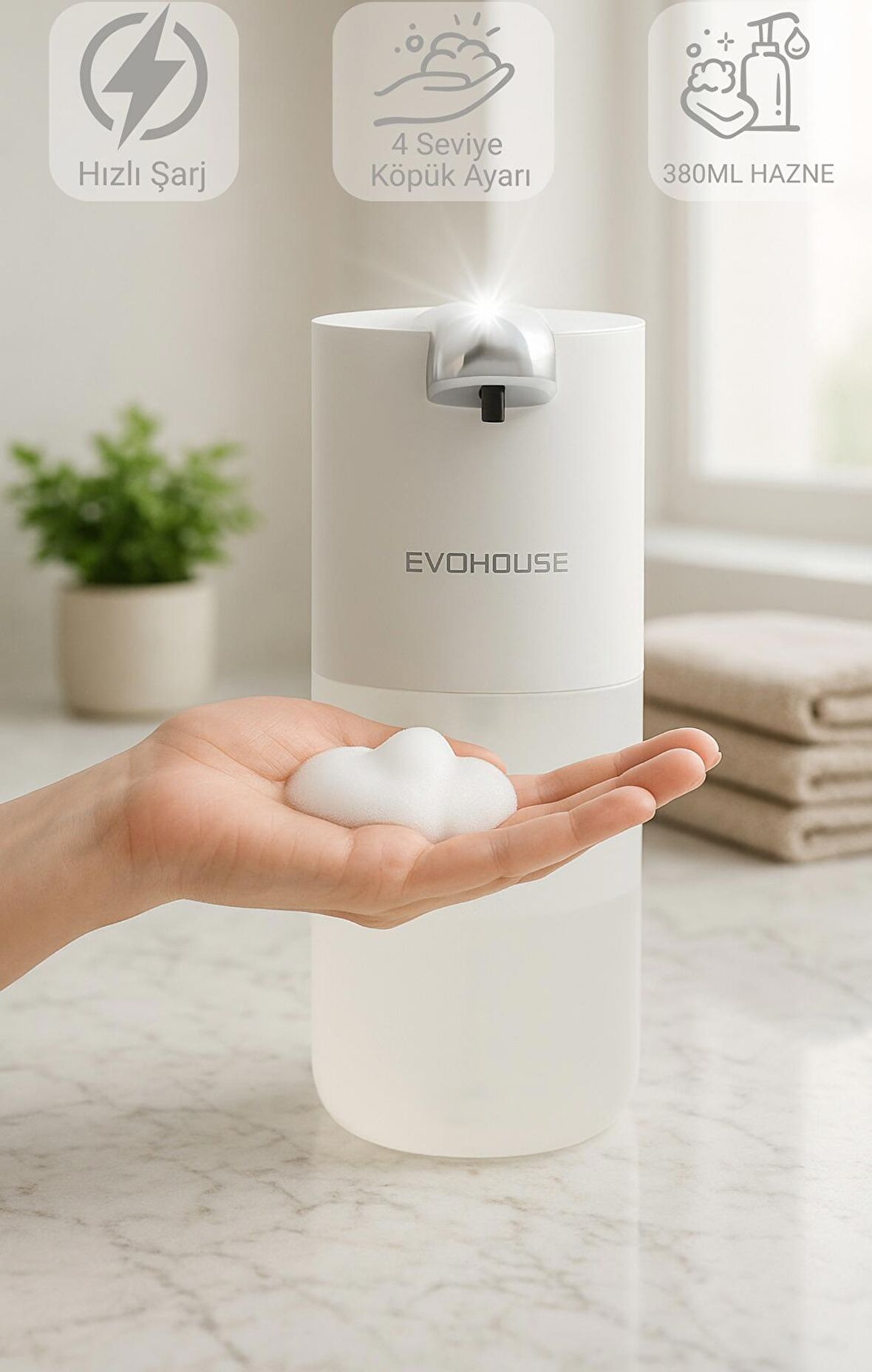 Evo House Otomatik Sensörlü Köpük Sıvı Sabunluk - Şarjlı- Duvara Monte - P12S Model
