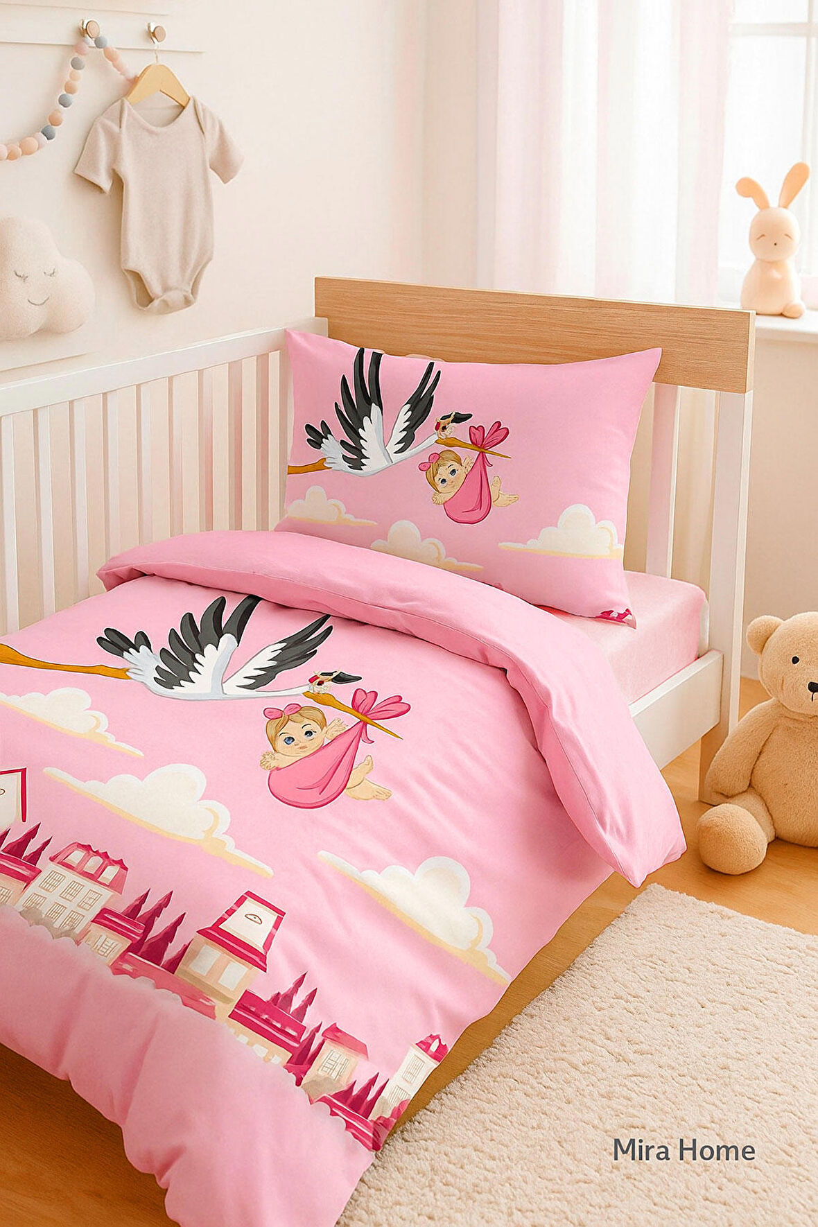 Yenidoğan Kız Bebek Nevresim Takımı 3D Pamuklu Leylek