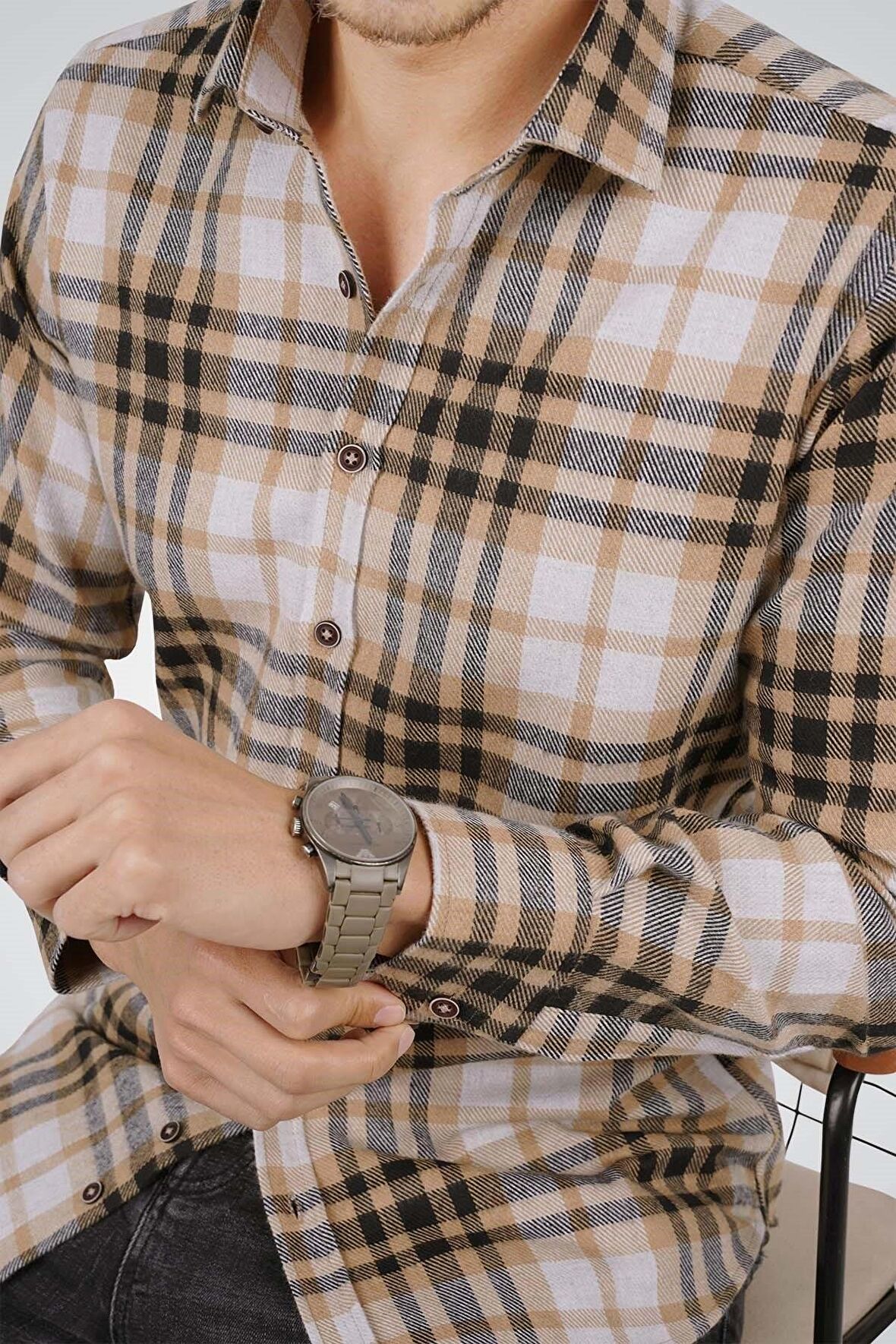 Beyaz Açık Kahve Çizgili Slimfit Oduncu Gömlek
