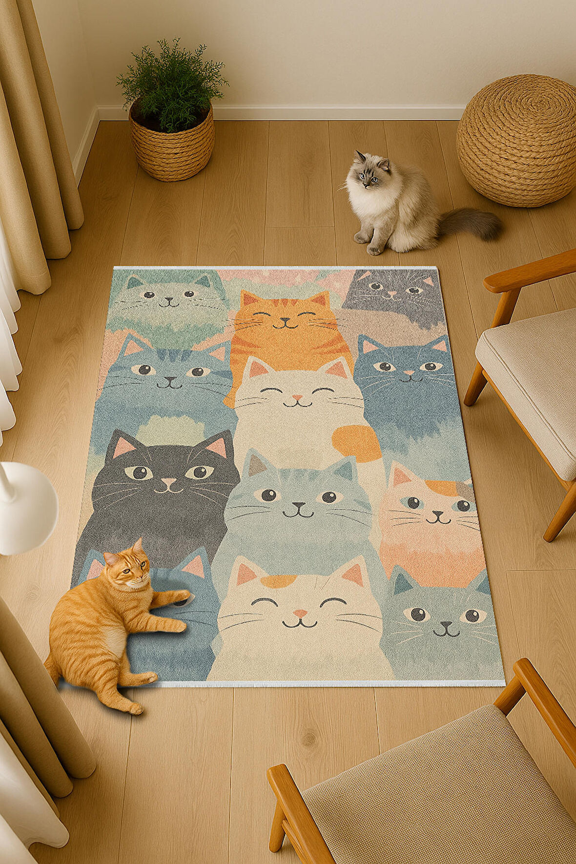 Sevimli Kedi Desenli Halı – Renkli ve Neşeli Tasarım | Kaymaz, Yıkanabilir, Evcil & Bebek Dostu